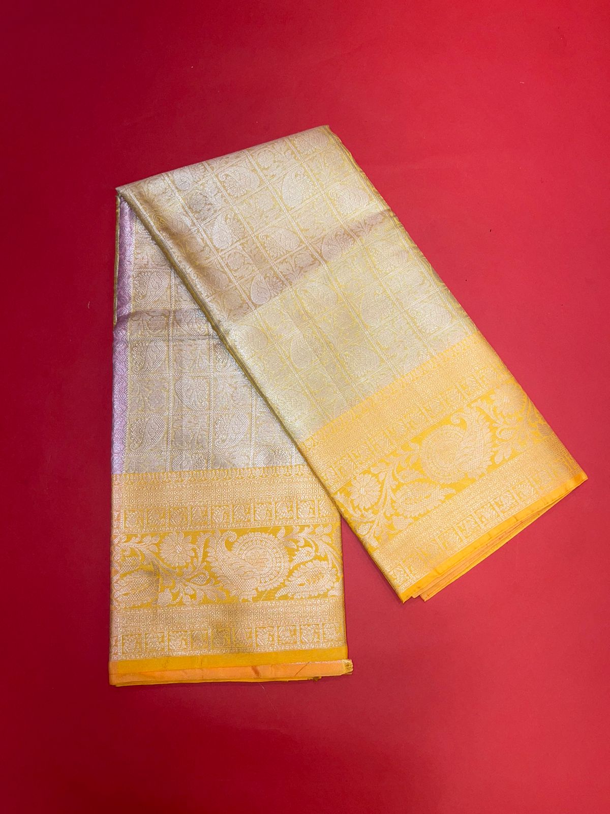 Faishana Presents Gold Silver Zari Kanchi Silk Tanchoi Brocade Contrast Gold Skirt Meena Border Banarasi Saree