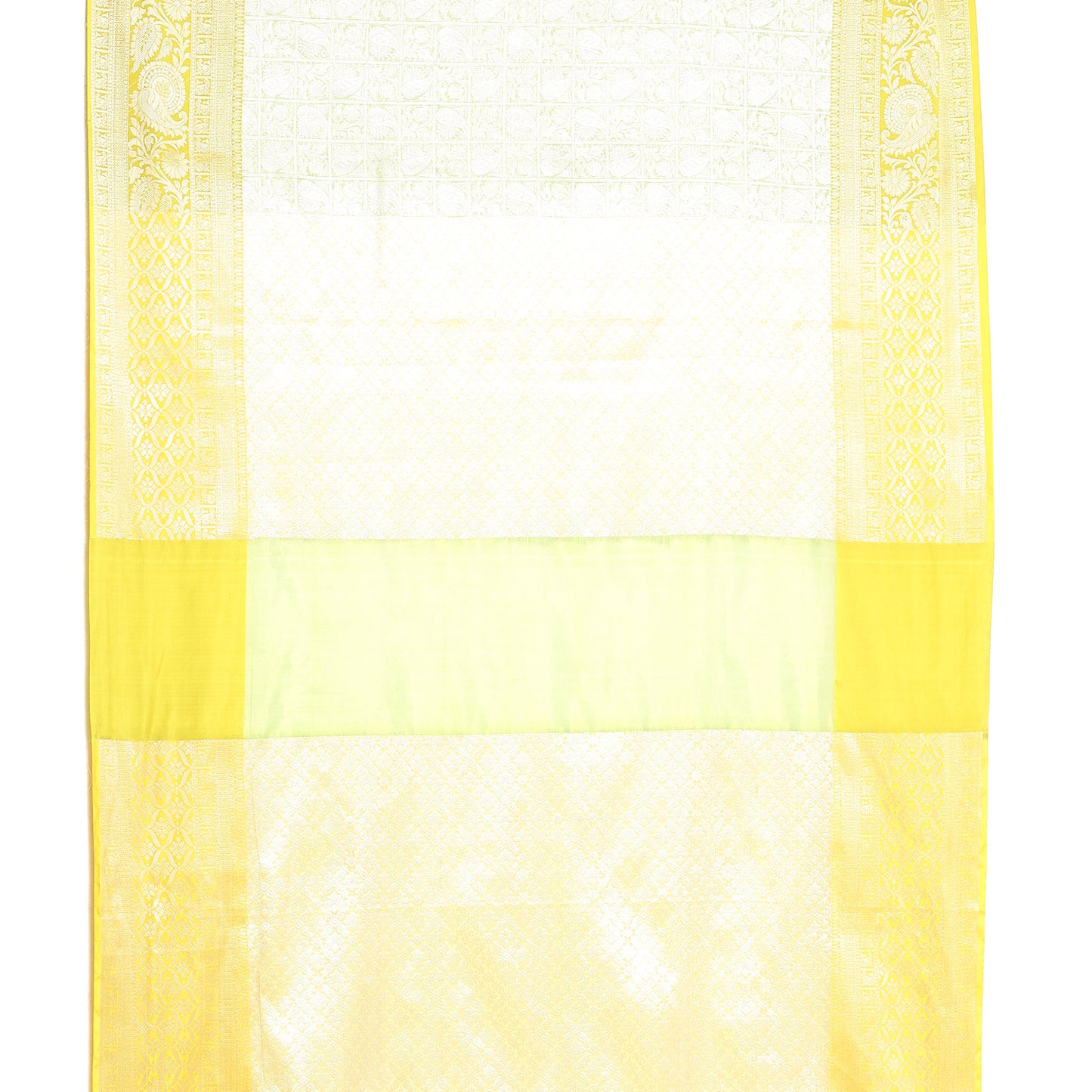 Faishana Presents Green Silver Zari Kanchi Silk Tanchoi Brocade Contrast Gold Skirt Meena Border Banarasi Saree