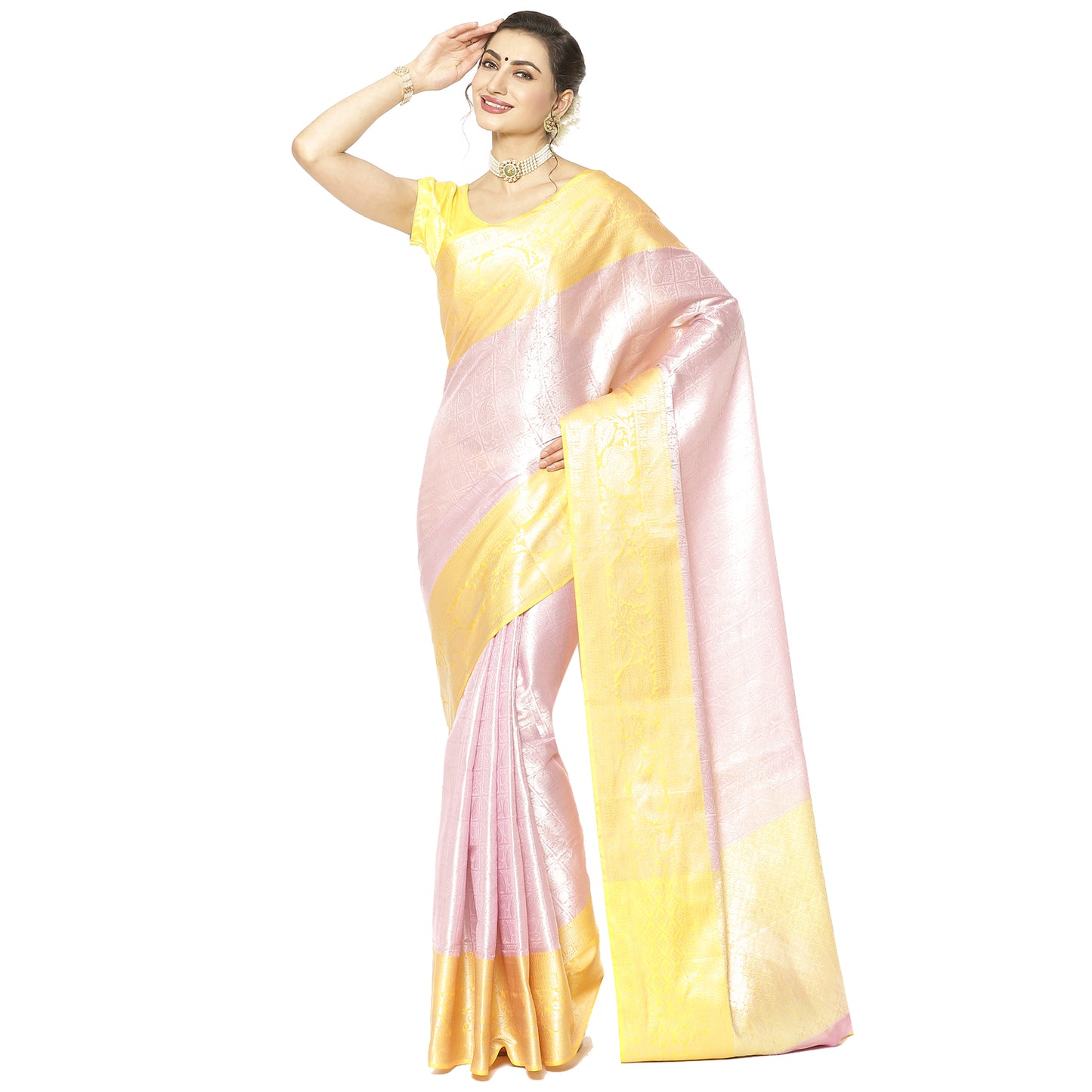 Faishana Presents Pink Silver Zari Kanchi Silk Tanchoi Brocade Contrast Gold Skirt Meena Border Banarasi Saree