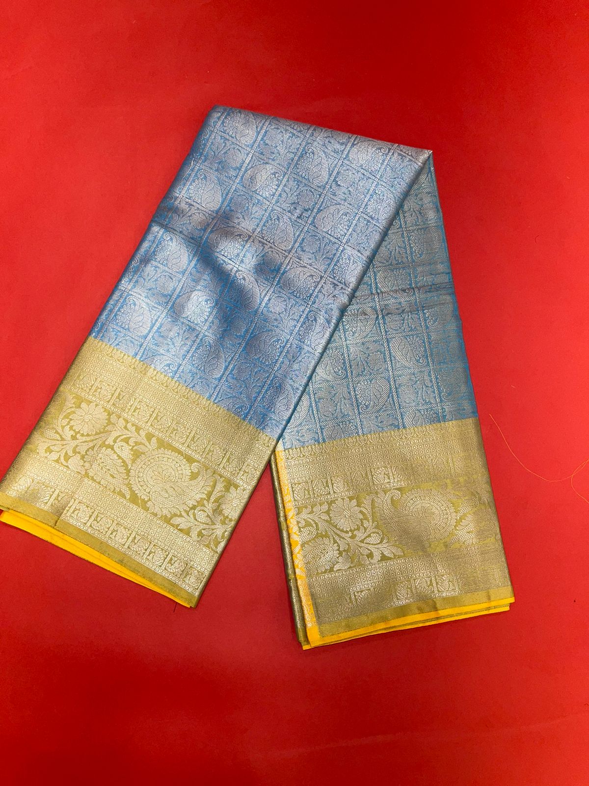Faishana Presents Blue Silver Zari Kanchi Silk Tanchoi Brocade Contrast Gold Skirt Meena Border Banarasi Saree