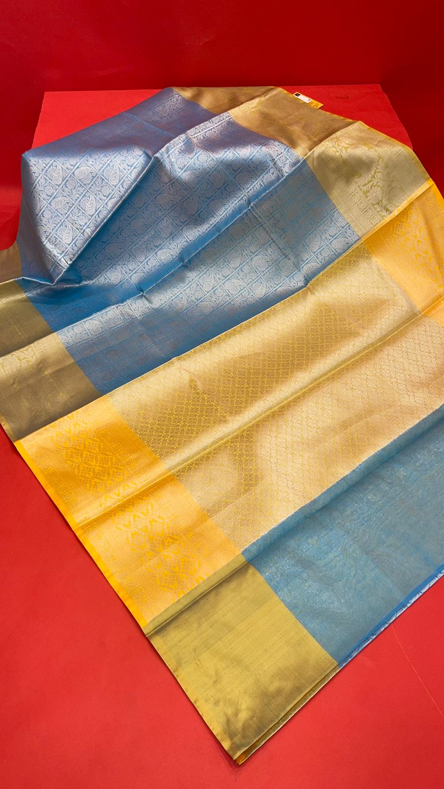 Faishana Presents Blue Silver Zari Kanchi Silk Tanchoi Brocade Contrast Gold Skirt Meena Border Banarasi Saree