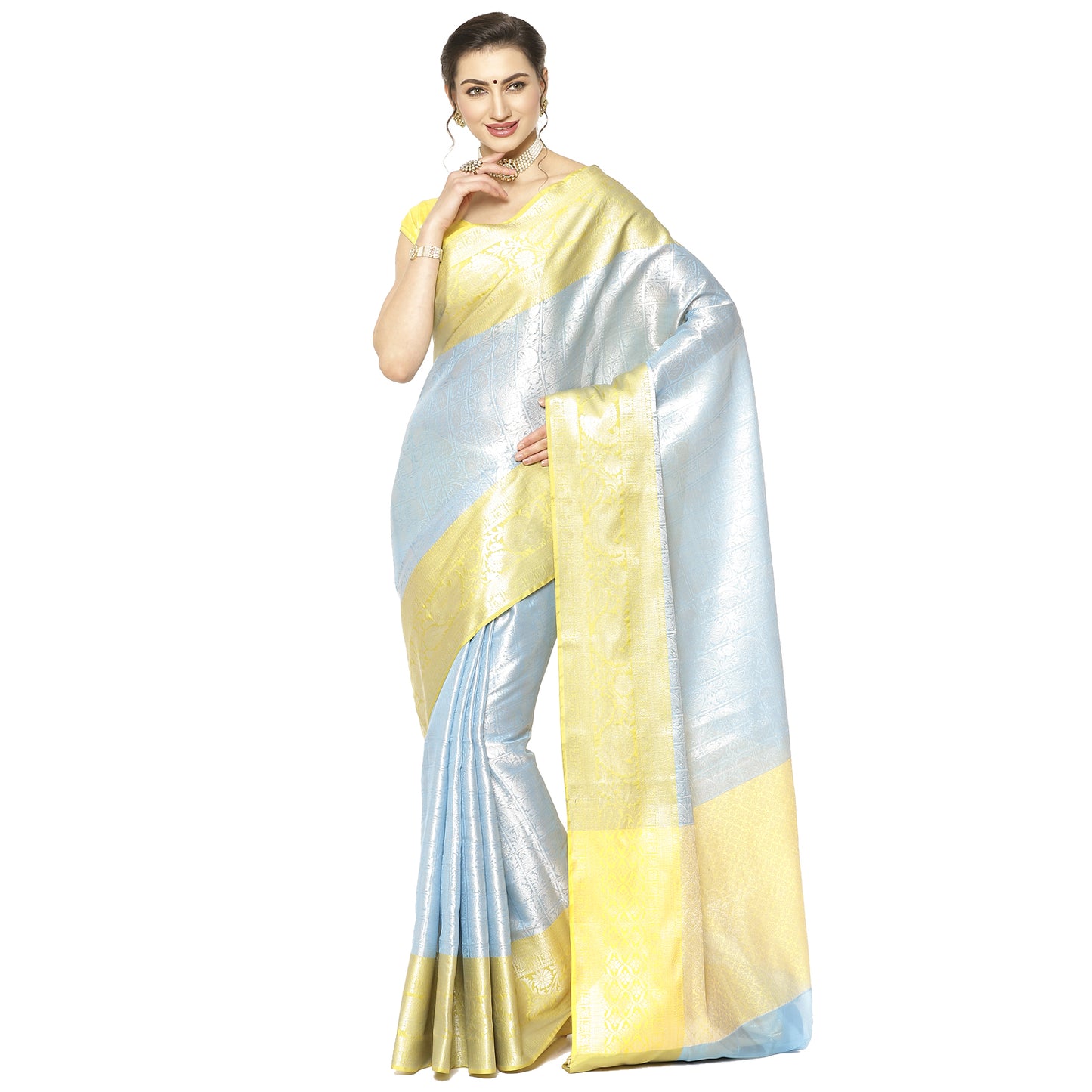 Faishana Presents Blue Silver Zari Kanchi Silk Tanchoi Brocade Contrast Gold Skirt Meena Border Banarasi Saree