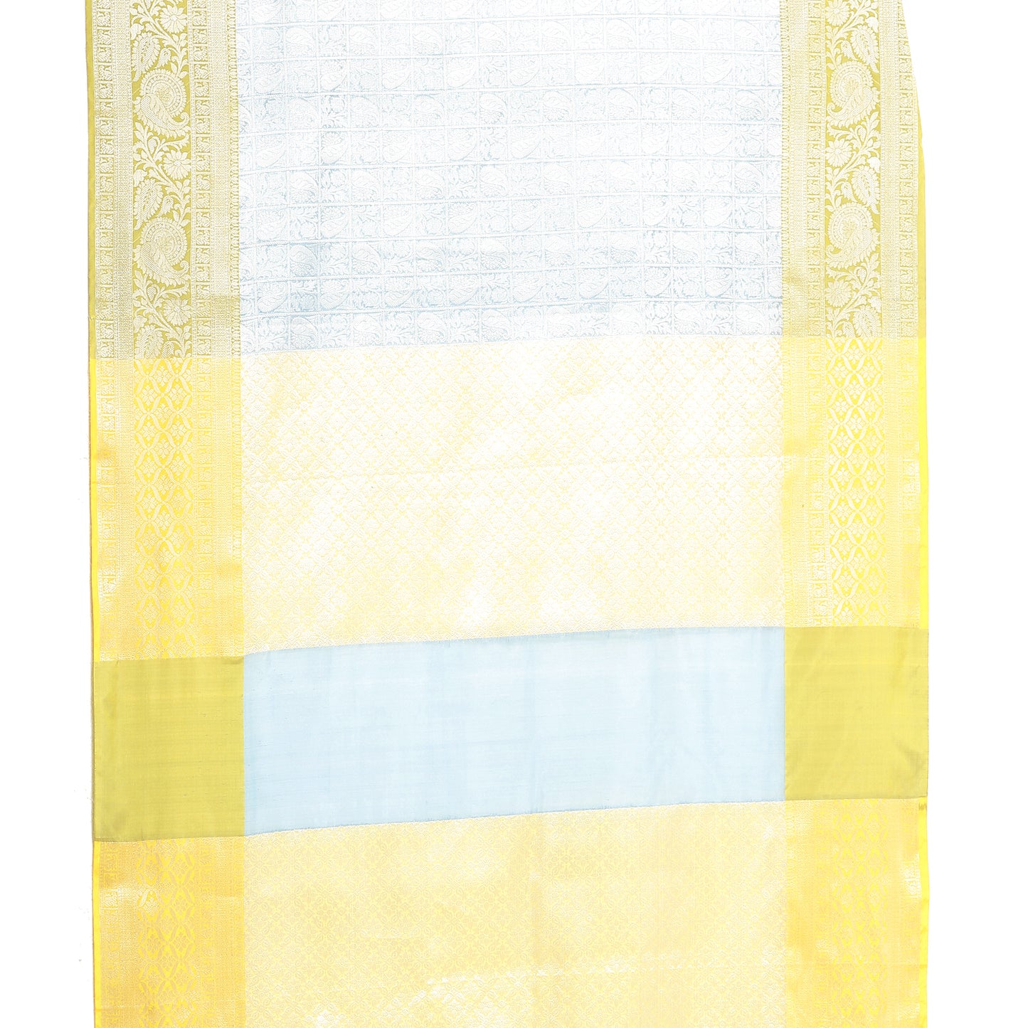 Faishana Presents Blue Silver Zari Kanchi Silk Tanchoi Brocade Contrast Gold Skirt Meena Border Banarasi Saree
