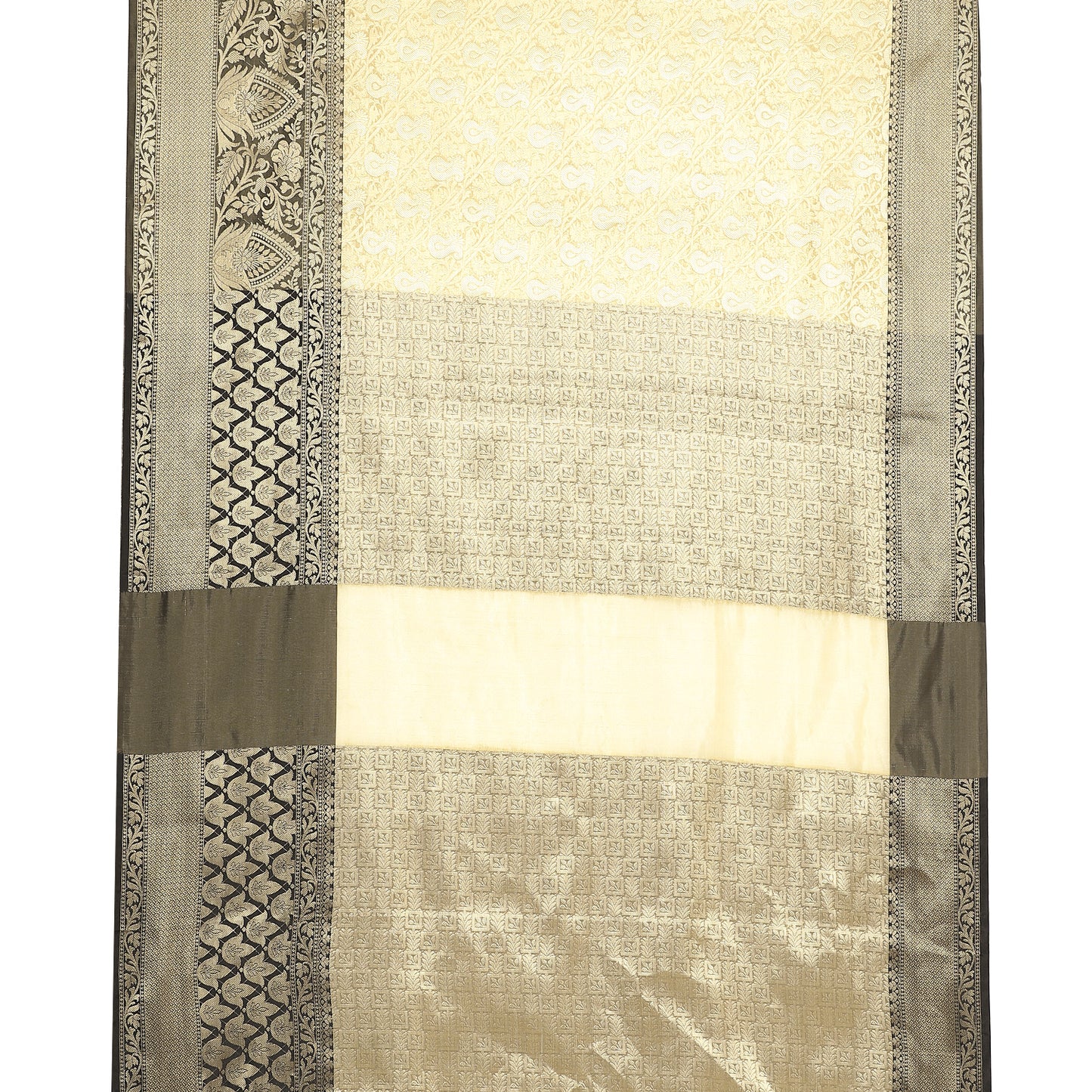 Faishana Presents Beige Silver Zari Kanchi Silk Tanchoi Brocade Contrast Black Skirt Meena Border Banarasi Saree