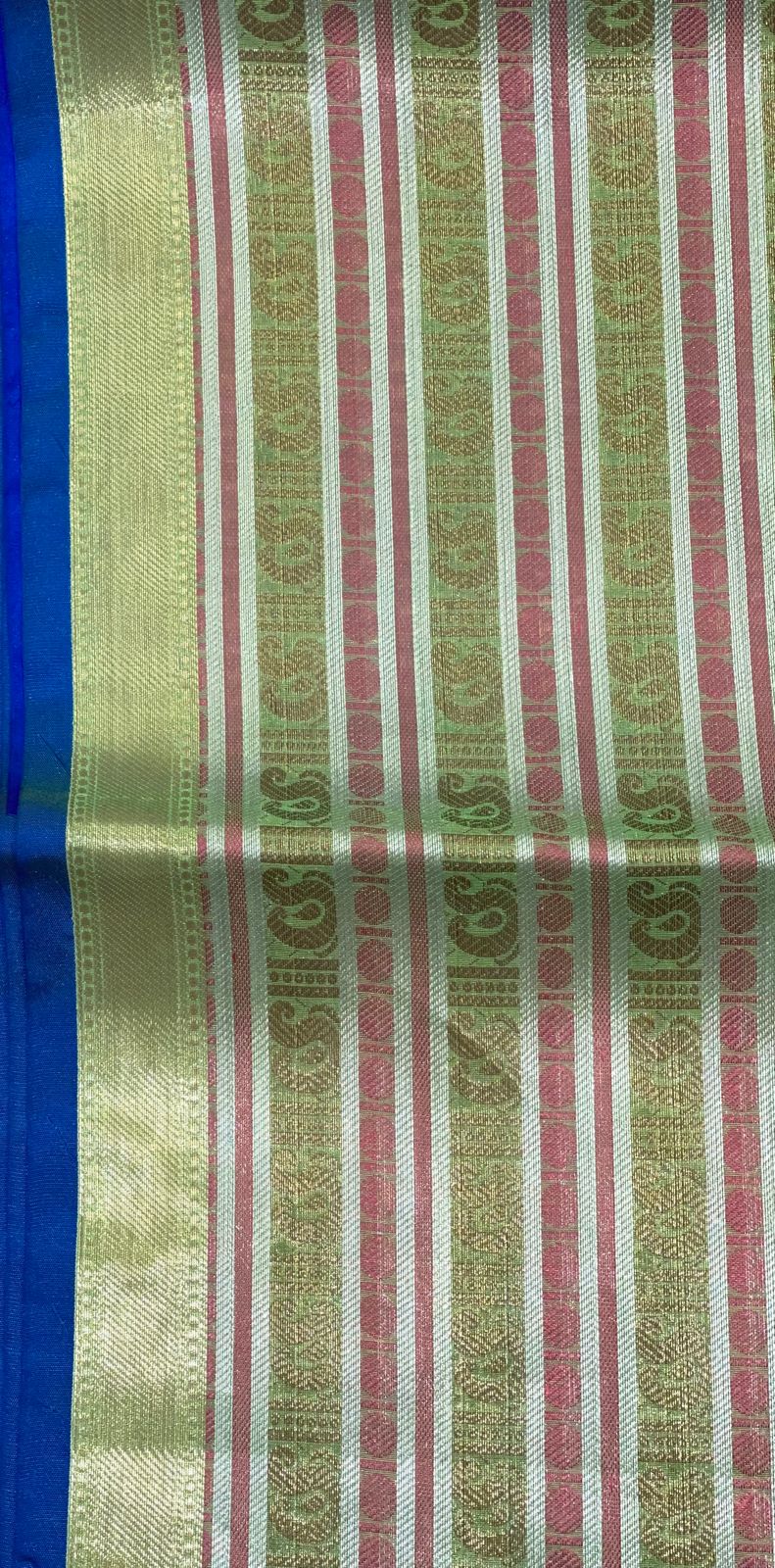Faishana Presents Green Zari Strip Kanchi Silk Tanchoi Brocade Contrast Torqouise Blue Skirt Border Banarasi Saree