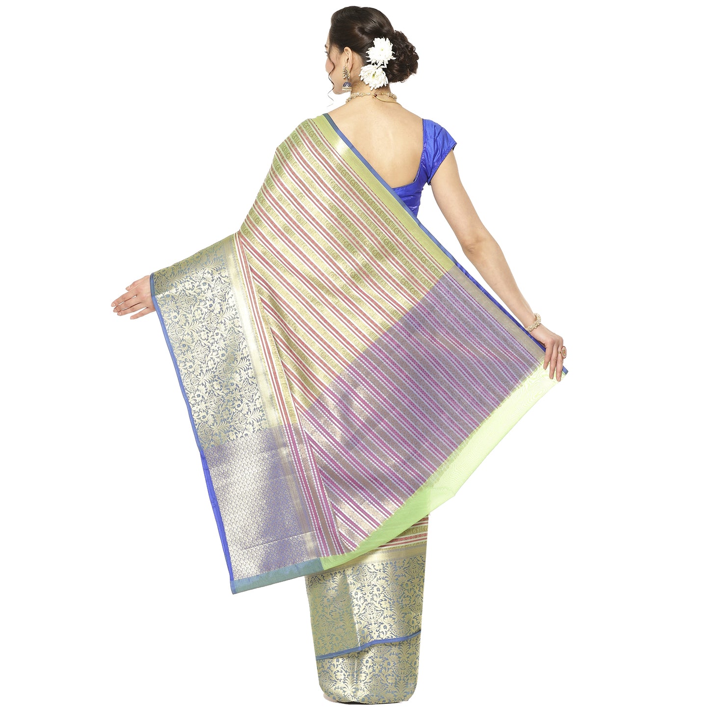 Faishana Presents Green Zari Strip Kanchi Silk Tanchoi Brocade Contrast Torqouise Blue Skirt Border Banarasi Saree