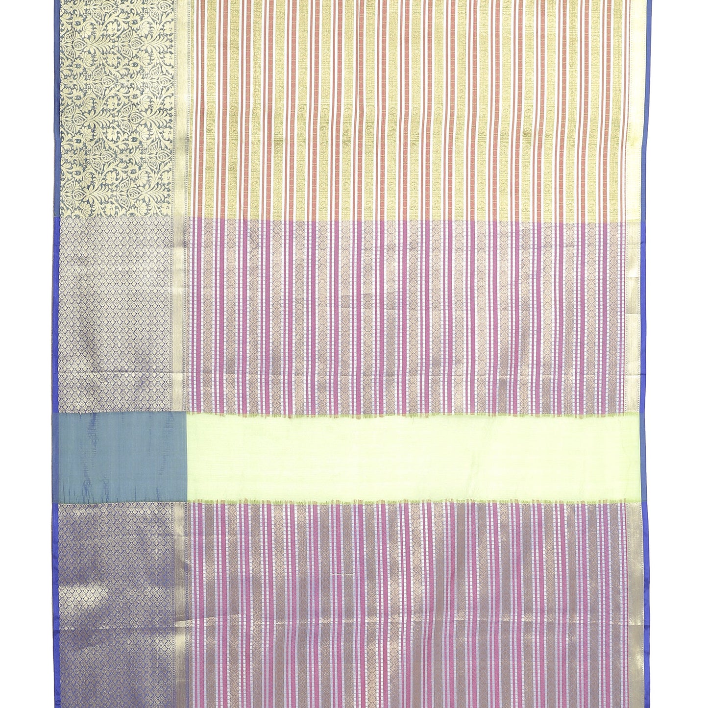 Faishana Presents Green Zari Strip Kanchi Silk Tanchoi Brocade Contrast Torqouise Blue Skirt Border Banarasi Saree