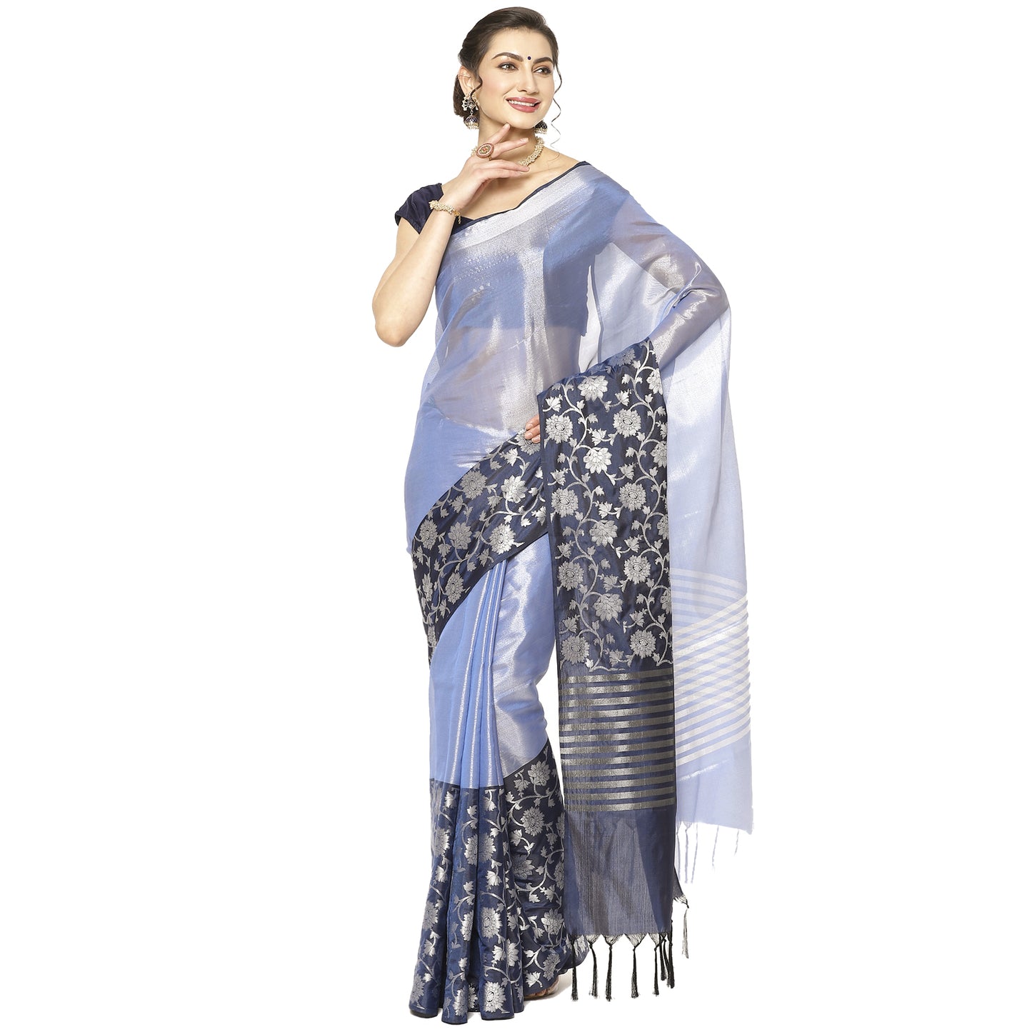 Faishana Presents Lavender Silver Zari Glass Tissue Tanchoi Contrast Large Border Banarasi Saree