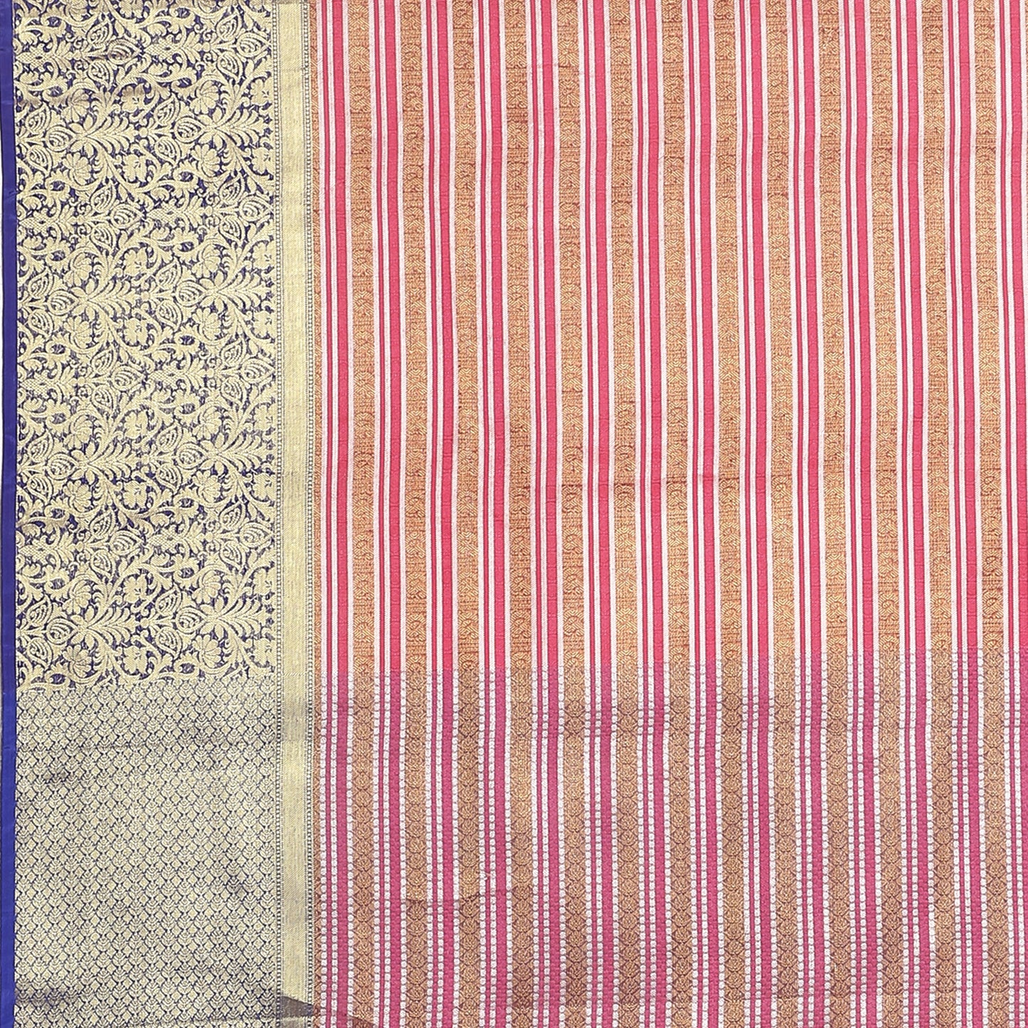 Faishana Presents Red Zari Strip Kanchi Silk Tanchoi Brocade Contrast Purple Skirt Border Banarasi Saree