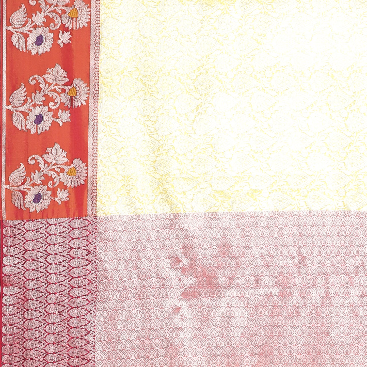 Faishana Presents Gold Silver Zari Kanchi Silk Tanchoi Brocade Contrast Peach Skirt Meena Border Banarasi Saree