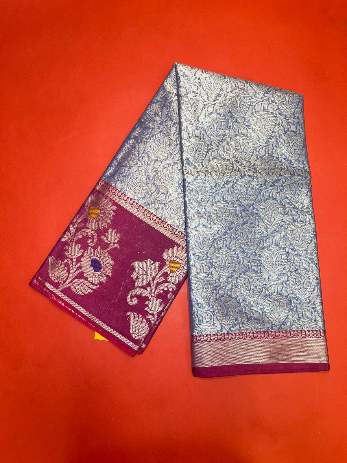 Faishana Presents Blue Silver Zari Kanchi Silk Tanchoi Brocade Contrast Magenta Skirt Meena Border Banarasi Saree
