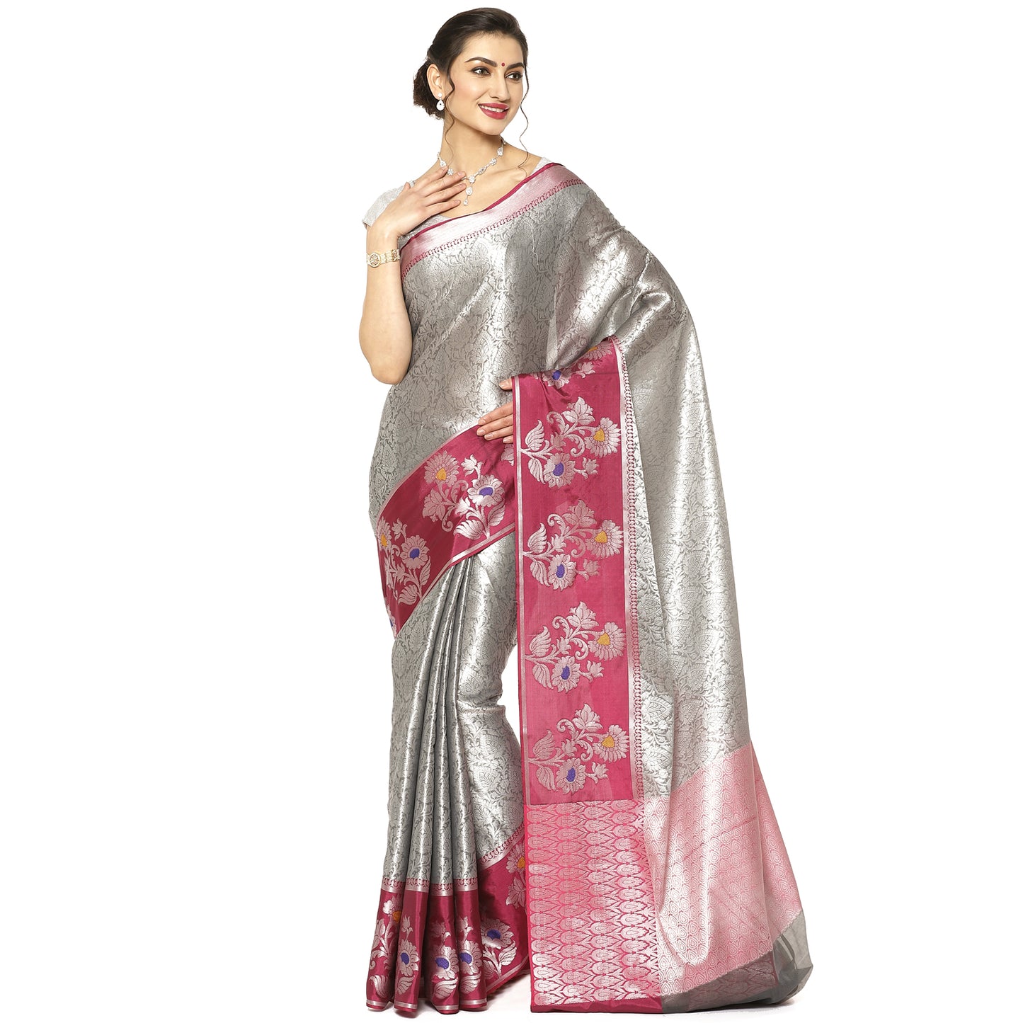 Faishana Presents Grey Silver Zari Kanchi Silk Tanchoi Brocade Contrast Pink Skirt Meena Border Banarasi Saree