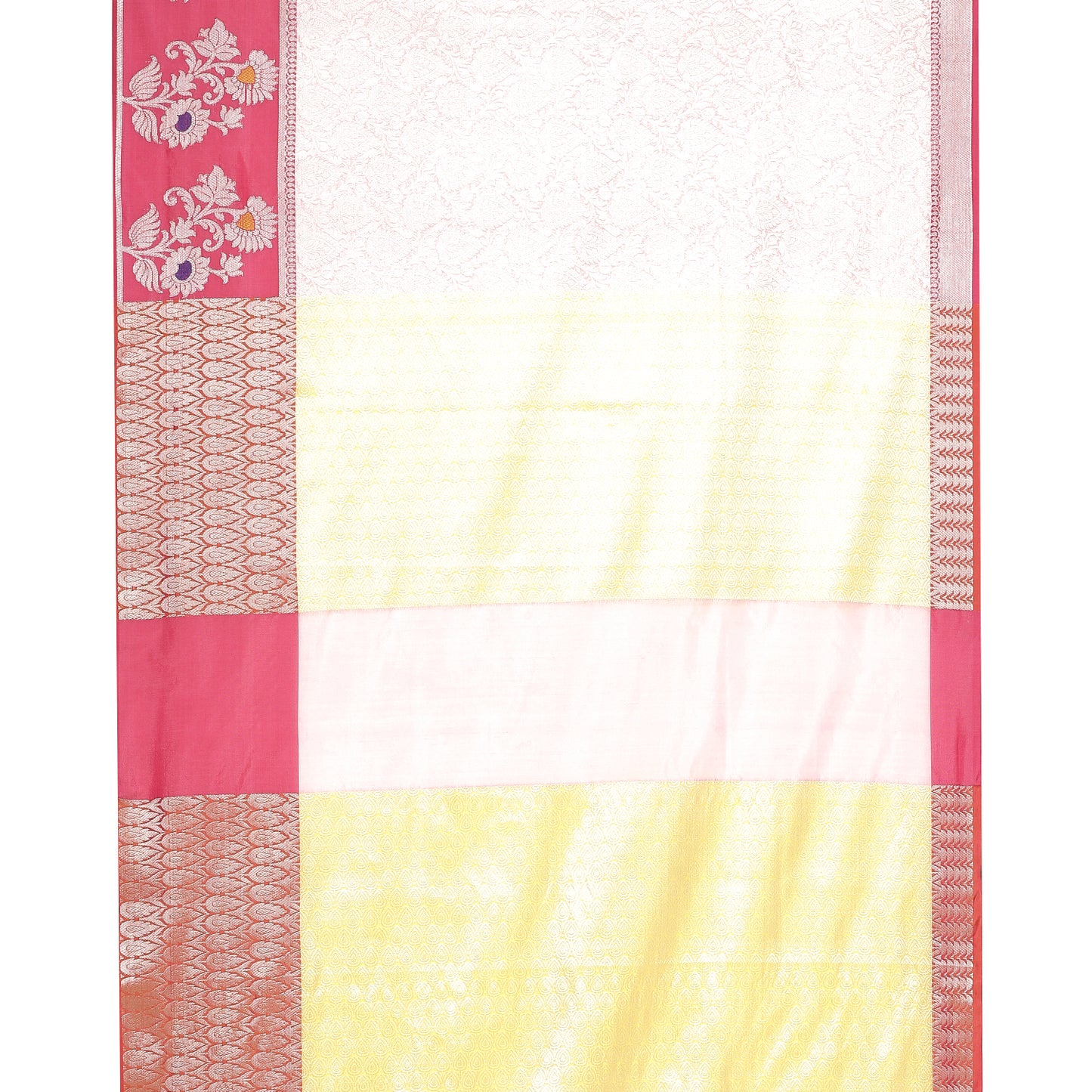 Faishana Presents Pink Silver Zari Kanchi Silk Tanchoi Brocade Contrast Pink Skirt Meena Border Banarasi Saree