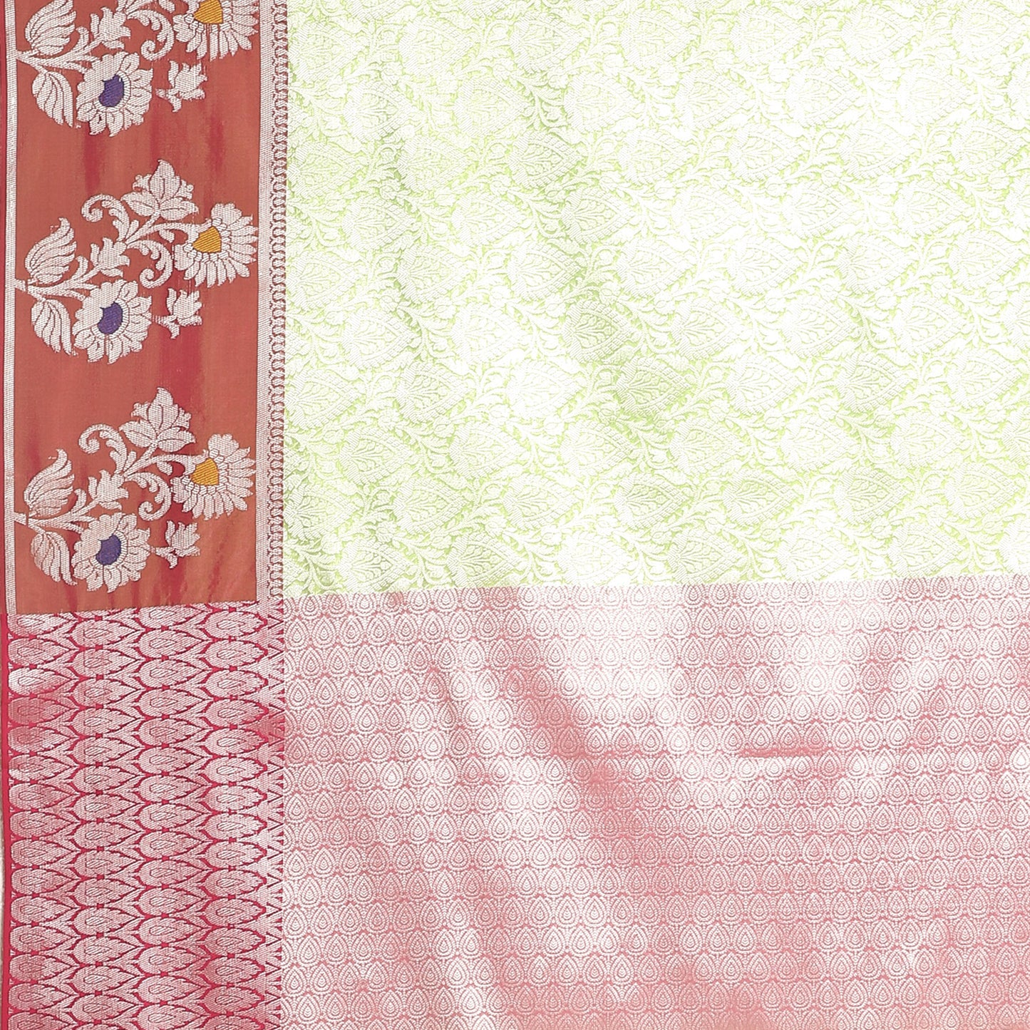 Faishana Presents Green Silver Zari Kanchi Silk Tanchoi Brocade Contrast Maroon Skirt Meena Border Banarasi Saree