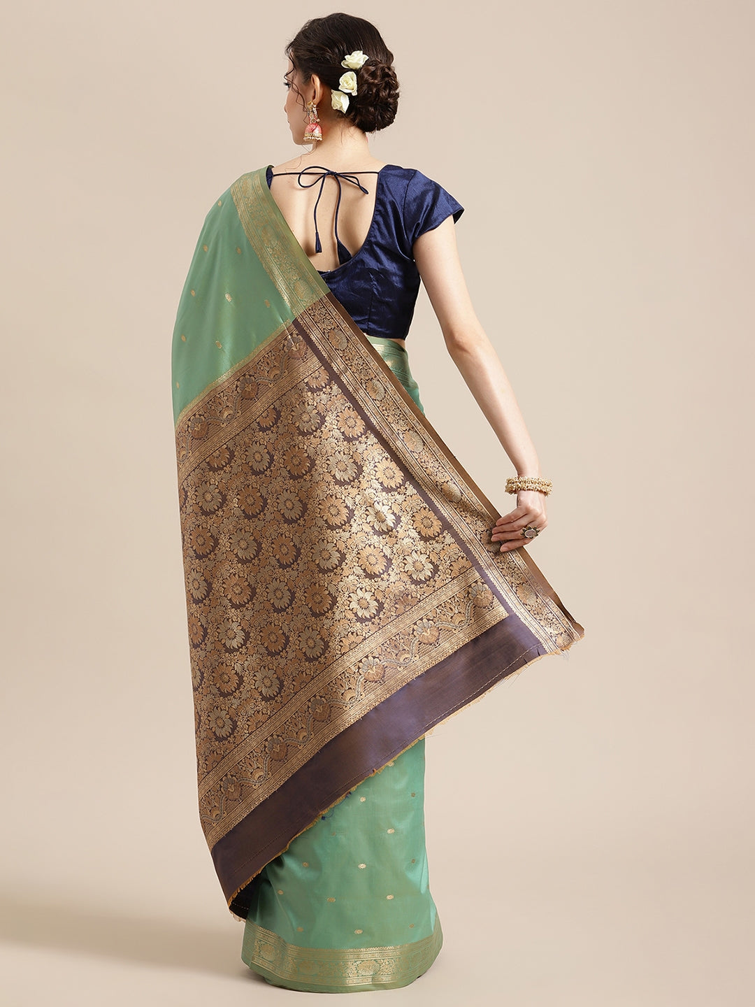 Faishana Handwoven Seagreen Valkalam Katan Silk Booti Zari Border With Grey Blouse Banarasi Saree