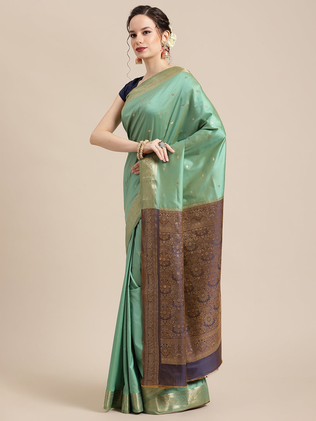Faishana Handwoven Seagreen Valkalam Katan Silk Booti Zari Border With Grey Blouse Banarasi Saree