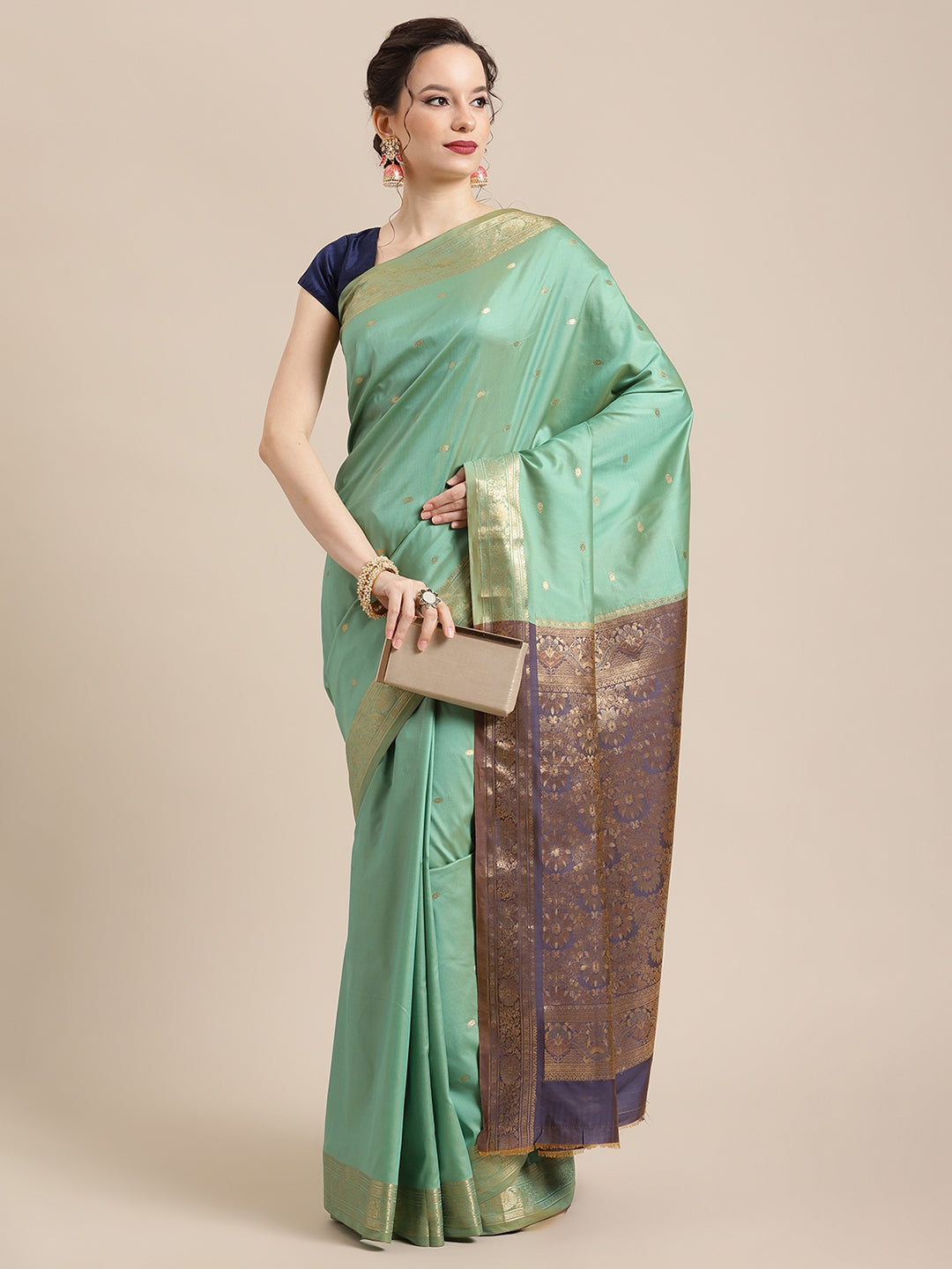 Faishana Handwoven Seagreen Valkalam Katan Silk Booti Zari Border With Grey Blouse Banarasi Saree