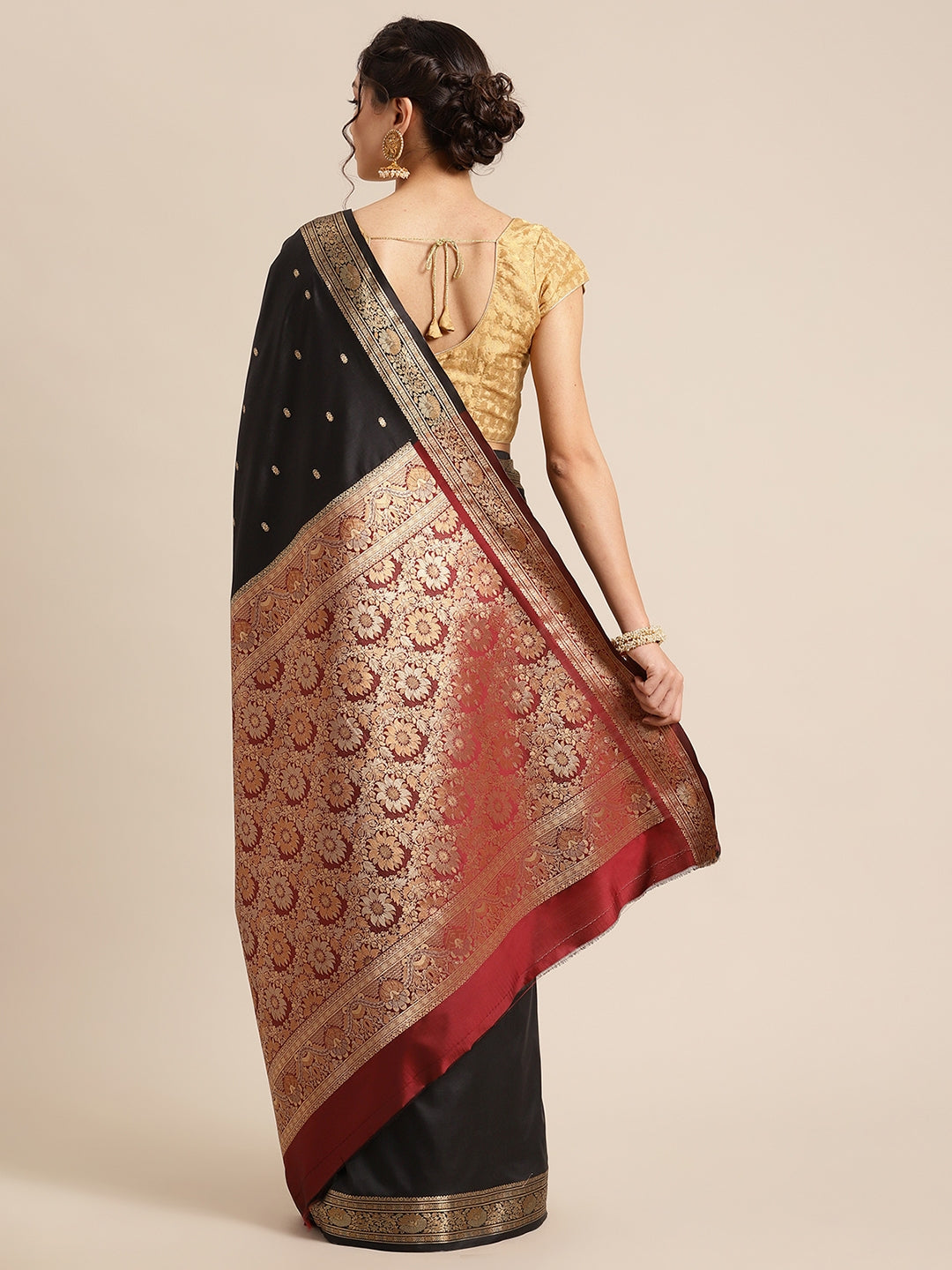 Faishana Handwoven Black Valkalam Katan Silk Booti Zari Border With Maroon Blouse Banarasi Saree