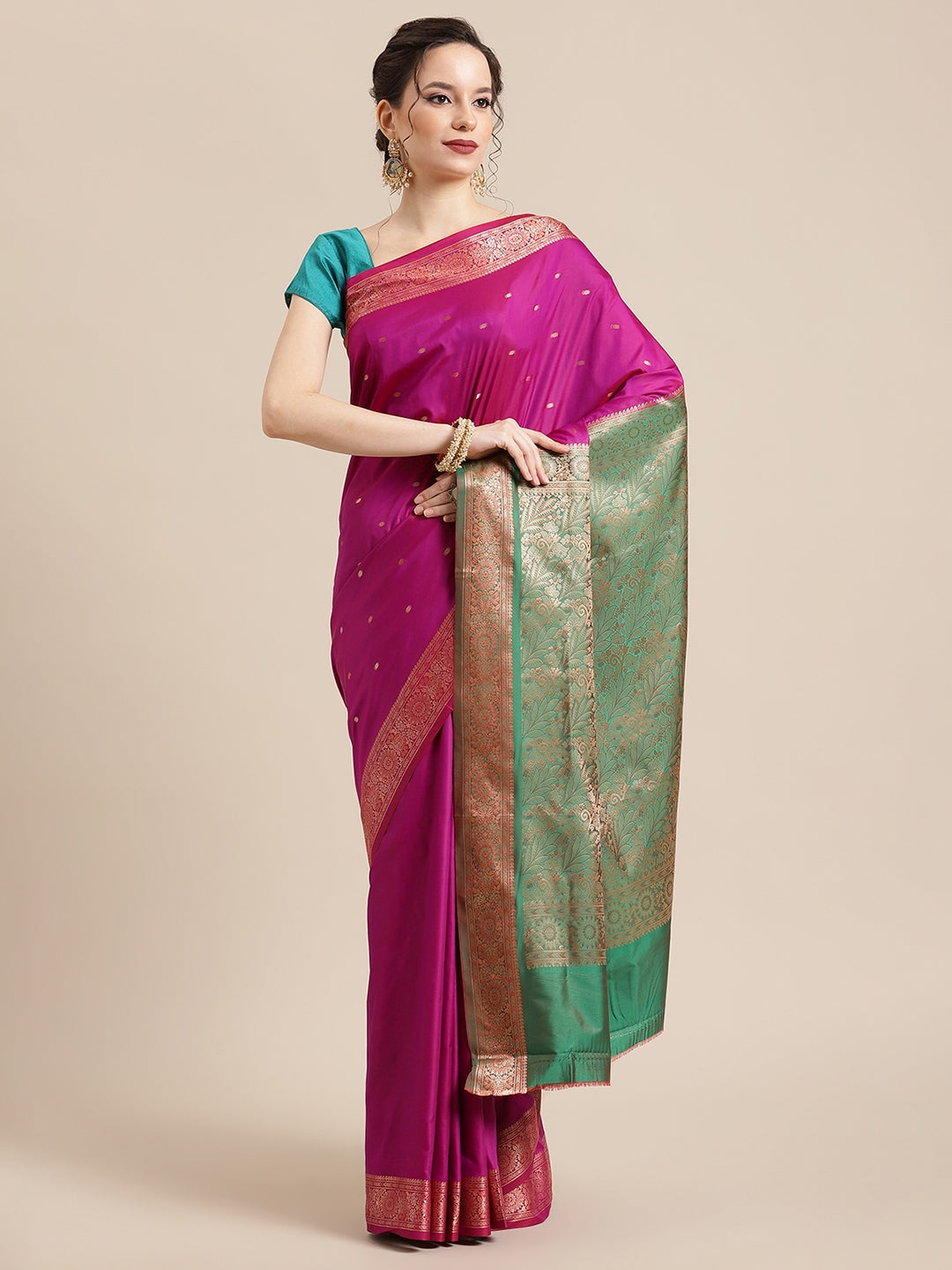 Faishana Handwoven Purple Valkalam Katan Silk Booti Border With Green Blouse Banarasi Saree