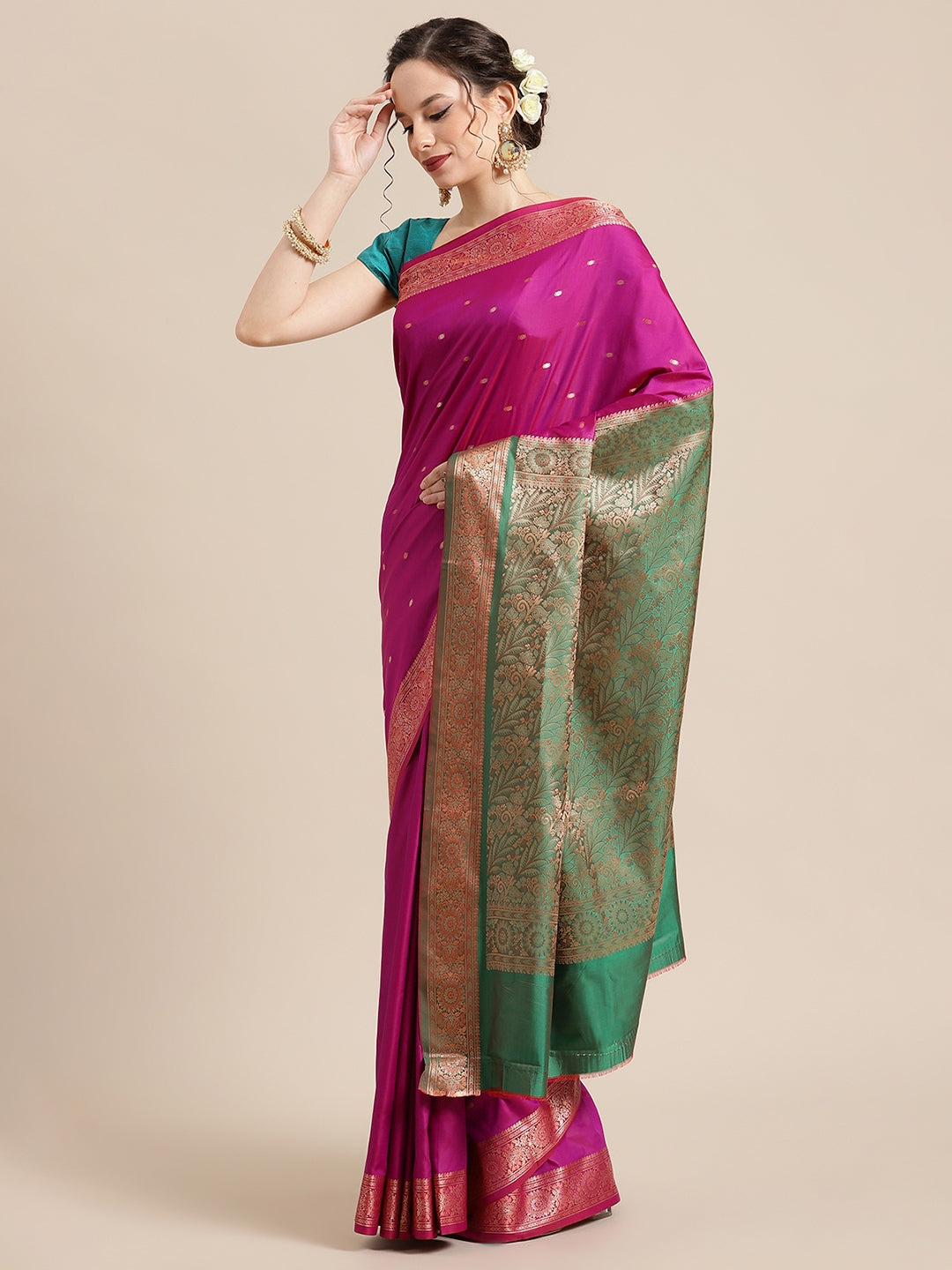Faishana Handwoven Purple Valkalam Katan Silk Booti Border With Green Blouse Banarasi Saree