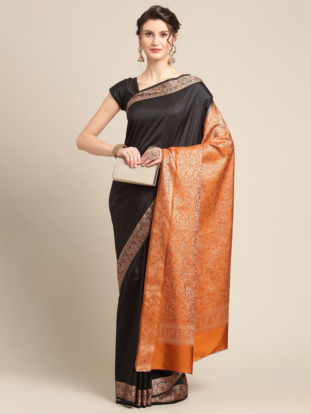 Faishana Handwoven Black Valkalam Katan Silk Plain Resham Border With Mustard Blouse Banarasi Saree
