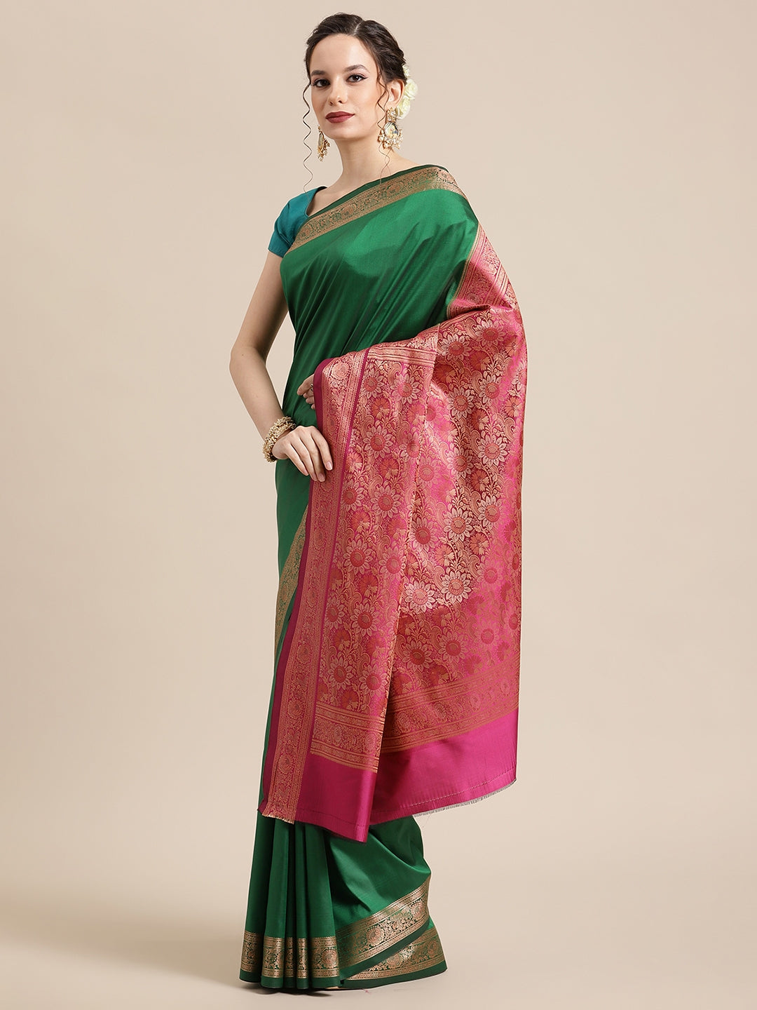 Faishana Handwoven Green Valkalam Katan Silk Plain Resham Border With Pink Blouse Banarasi Saree