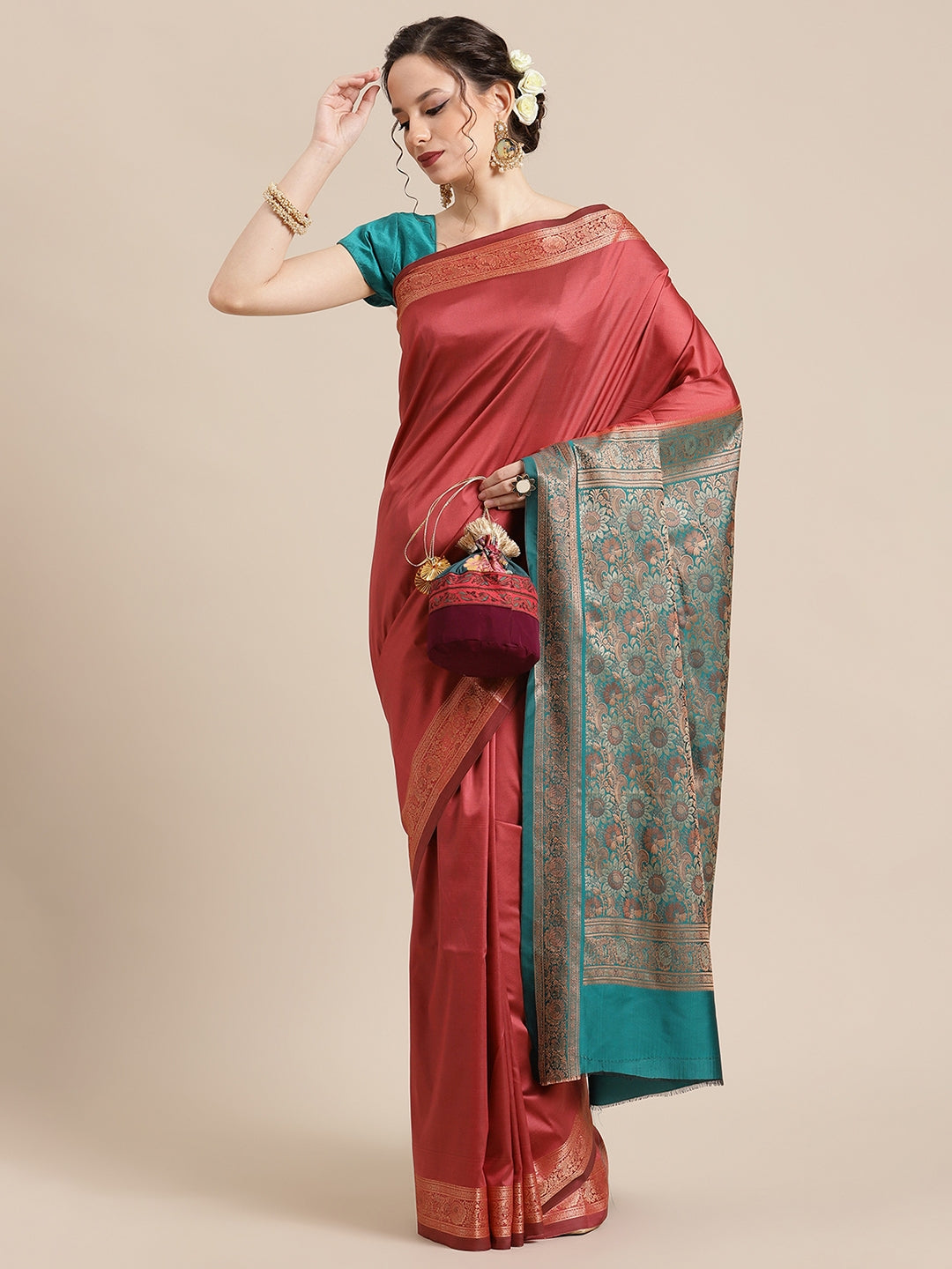Faishana Handwoven Light Brown Valkalam Katan Silk Plain Resham Border With Seagreen Blouse Banarasi Saree