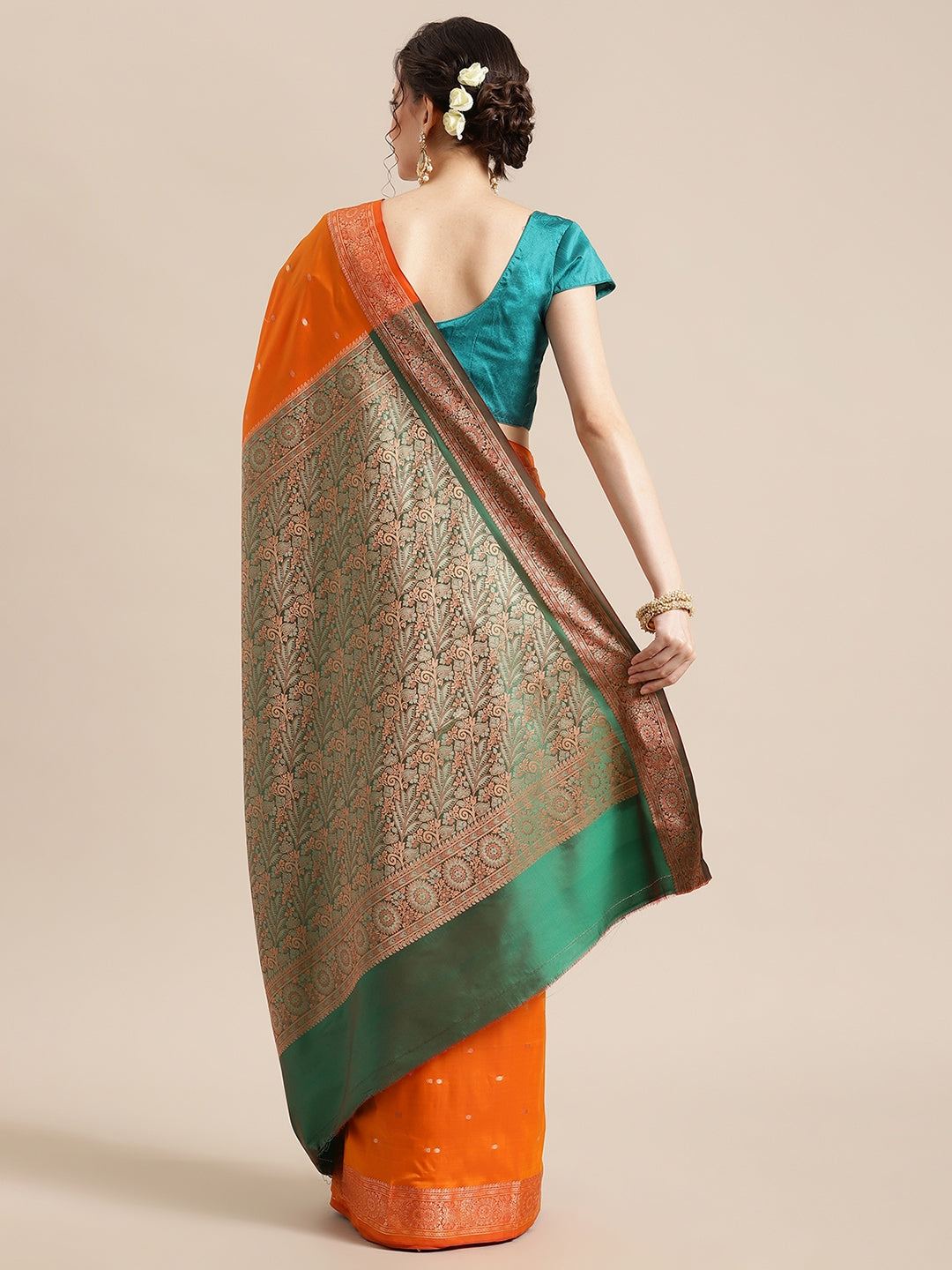 Faishana Handwoven Orange Valkalam Katan Silk Booti Border With Green Blouse Banarasi Saree