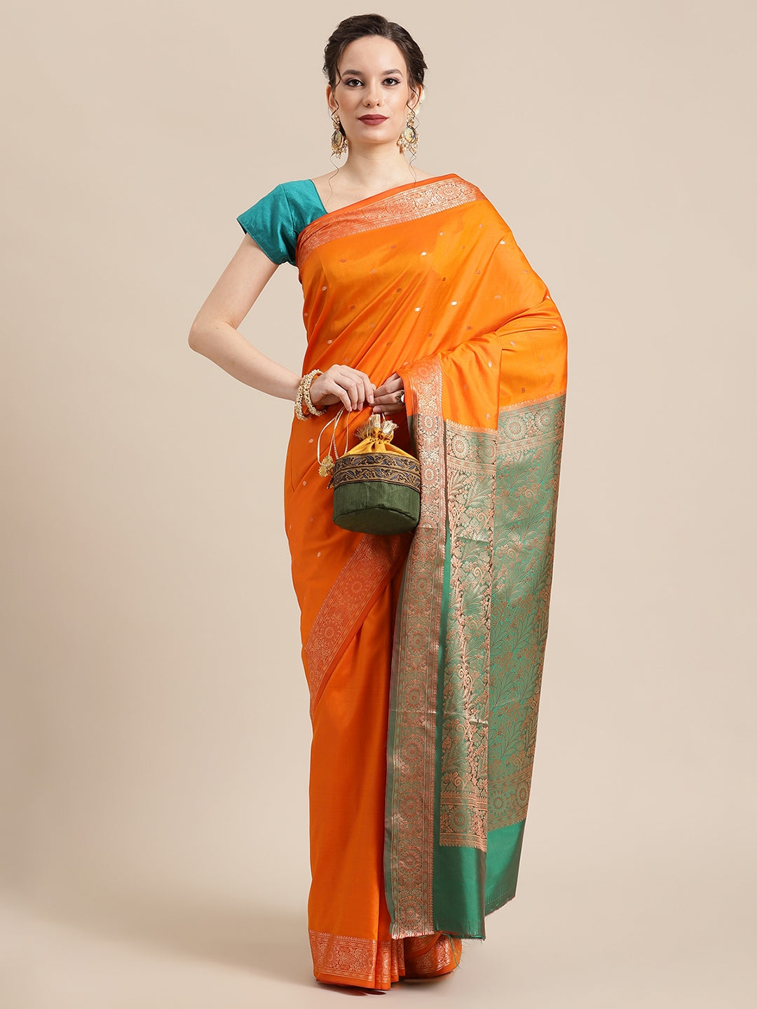 Faishana Handwoven Orange Valkalam Katan Silk Booti Border With Green Blouse Banarasi Saree