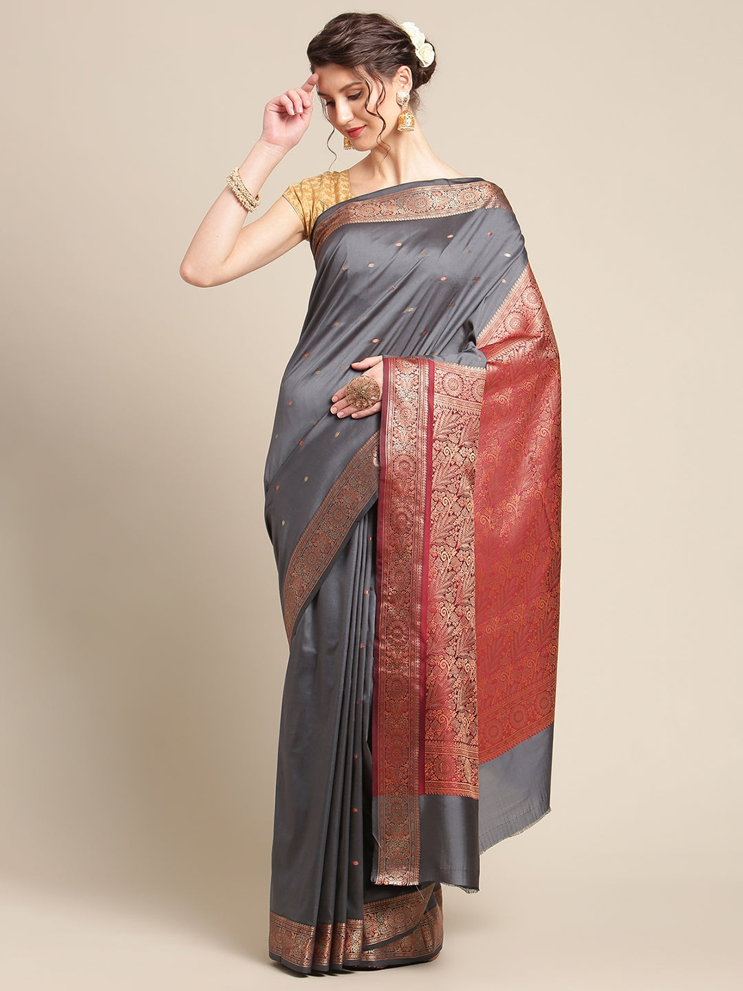 Faishana Handwoven Grey Valkalam Katan Silk Booti Border With Maroon Blouse Banarasi Saree