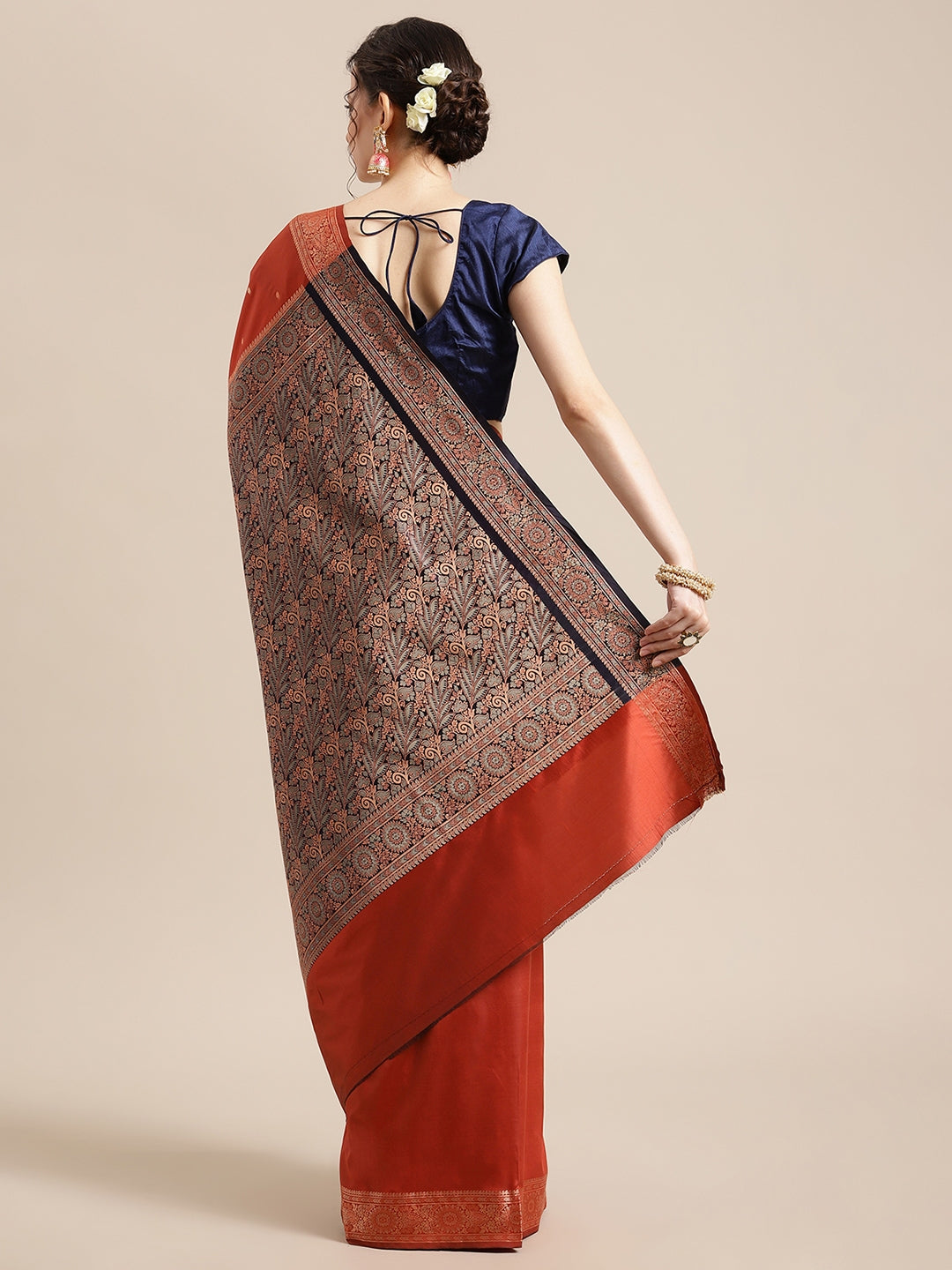 Faishana Handwoven Rust Valkalam Katan Silk Booti Border With Navy Blue Blouse Banarasi Saree
