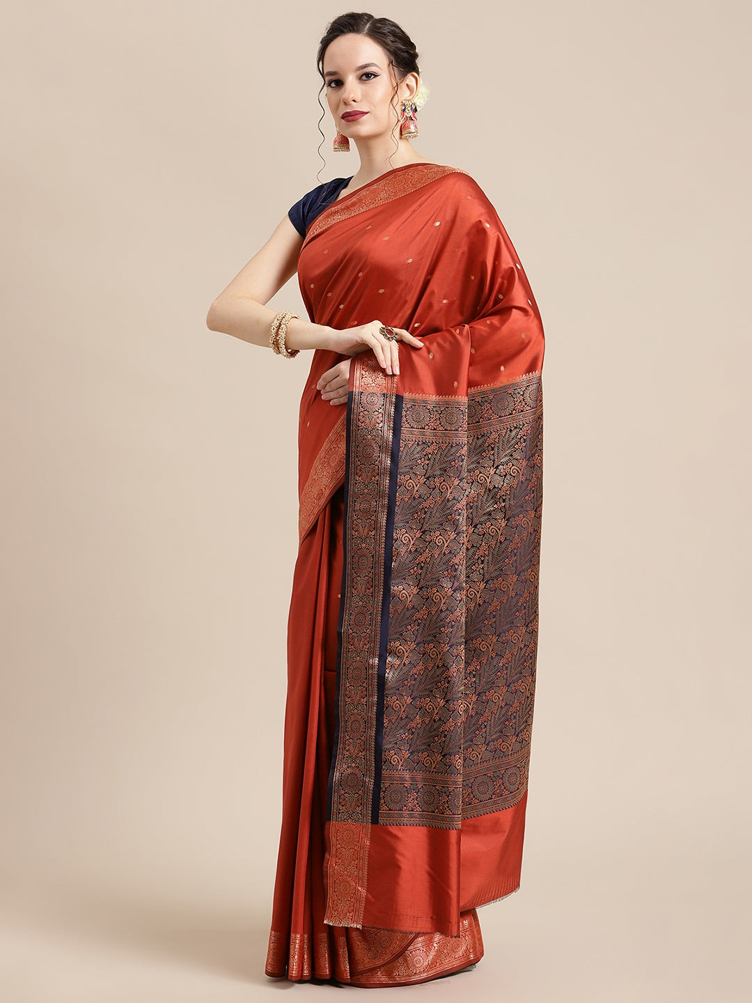 Faishana Handwoven Rust Valkalam Katan Silk Booti Border With Navy Blue Blouse Banarasi Saree