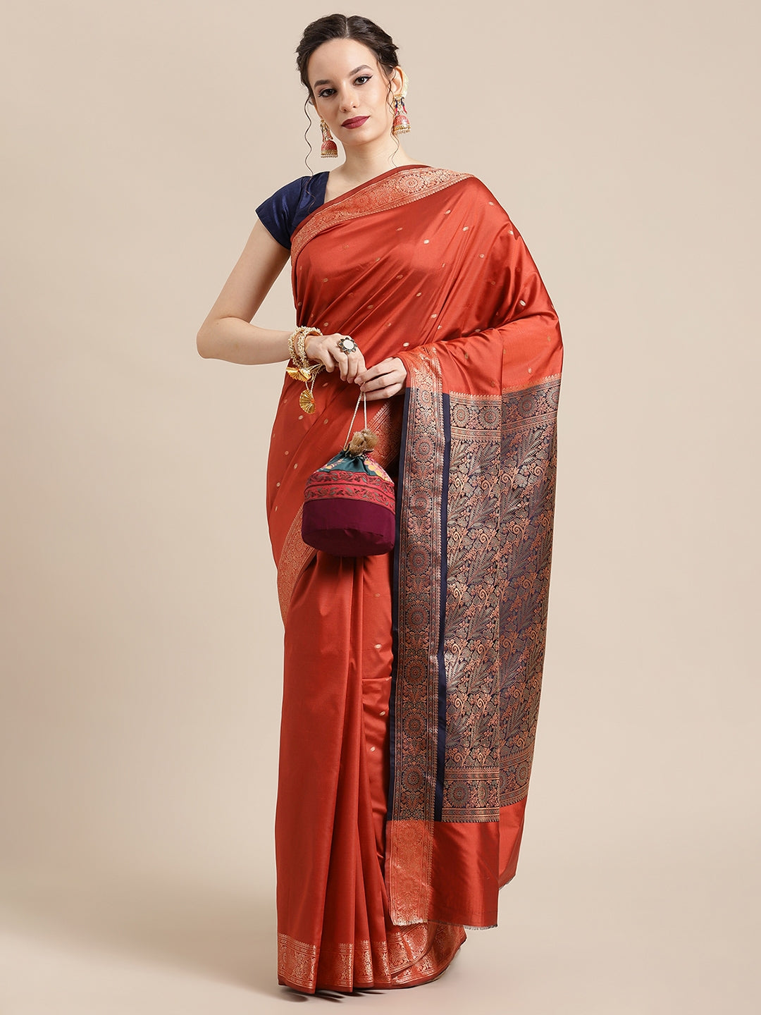 Faishana Handwoven Rust Valkalam Katan Silk Booti Border With Navy Blue Blouse Banarasi Saree