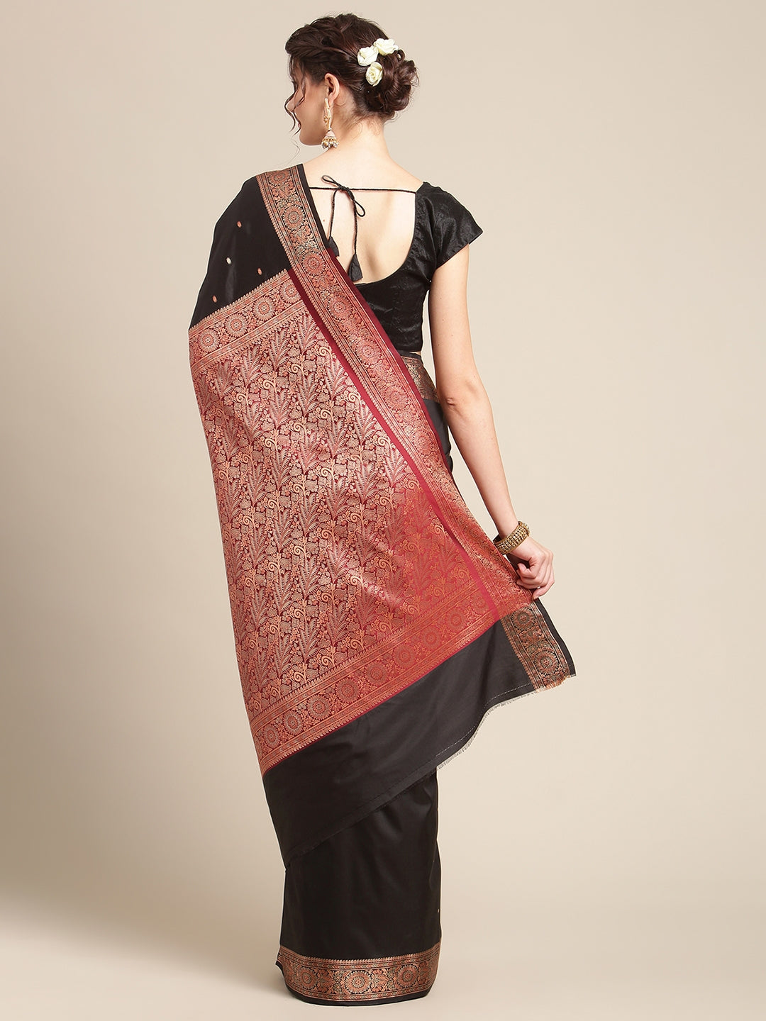 Faishana Handwoven Black Valkalam Katan Silk Booti Border With Maroon Blouse Banarasi Saree