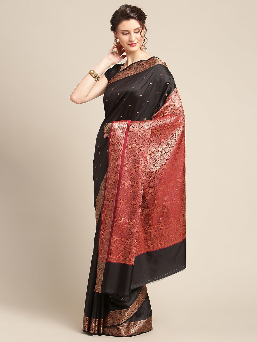 Faishana Handwoven Black Valkalam Katan Silk Booti Border With Maroon Blouse Banarasi Saree