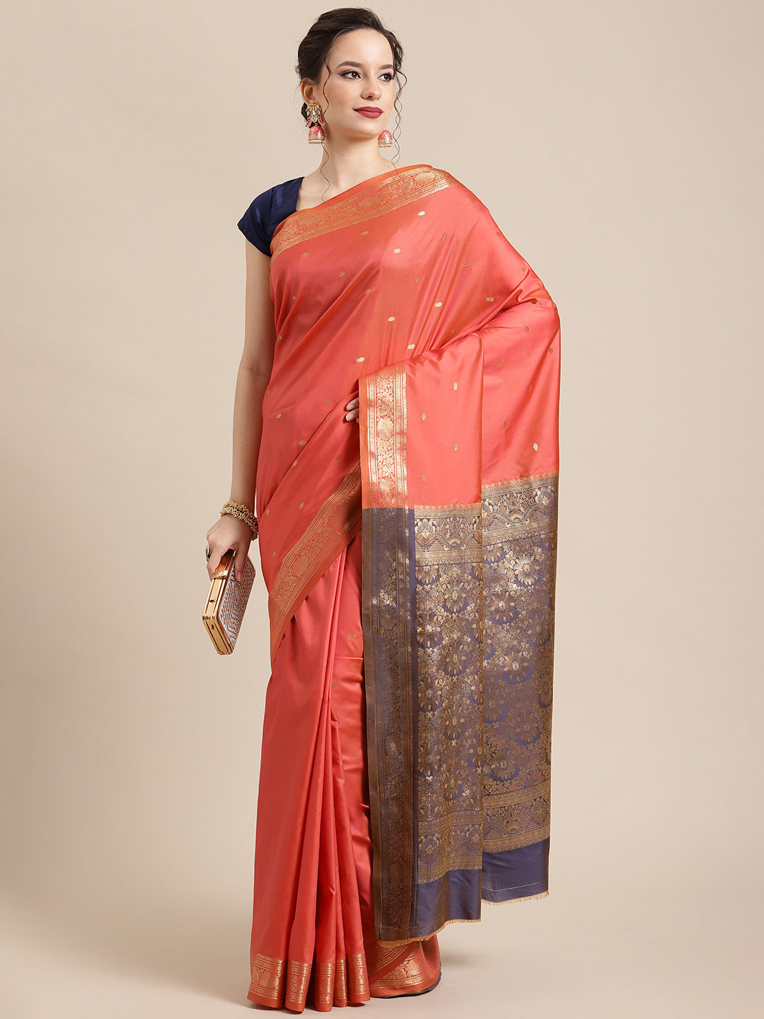 Faishana Handwoven Gajri Valkalam Katan Silk Booti Zari Border With Grey Blouse Banarasi Saree
