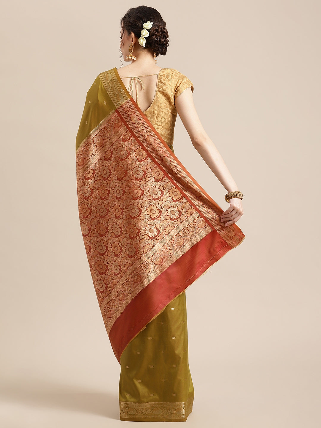 Faishana Handwoven Olive Green Valkalam Katan Silk Booti Zari Border With Rust Blouse Banarasi Saree