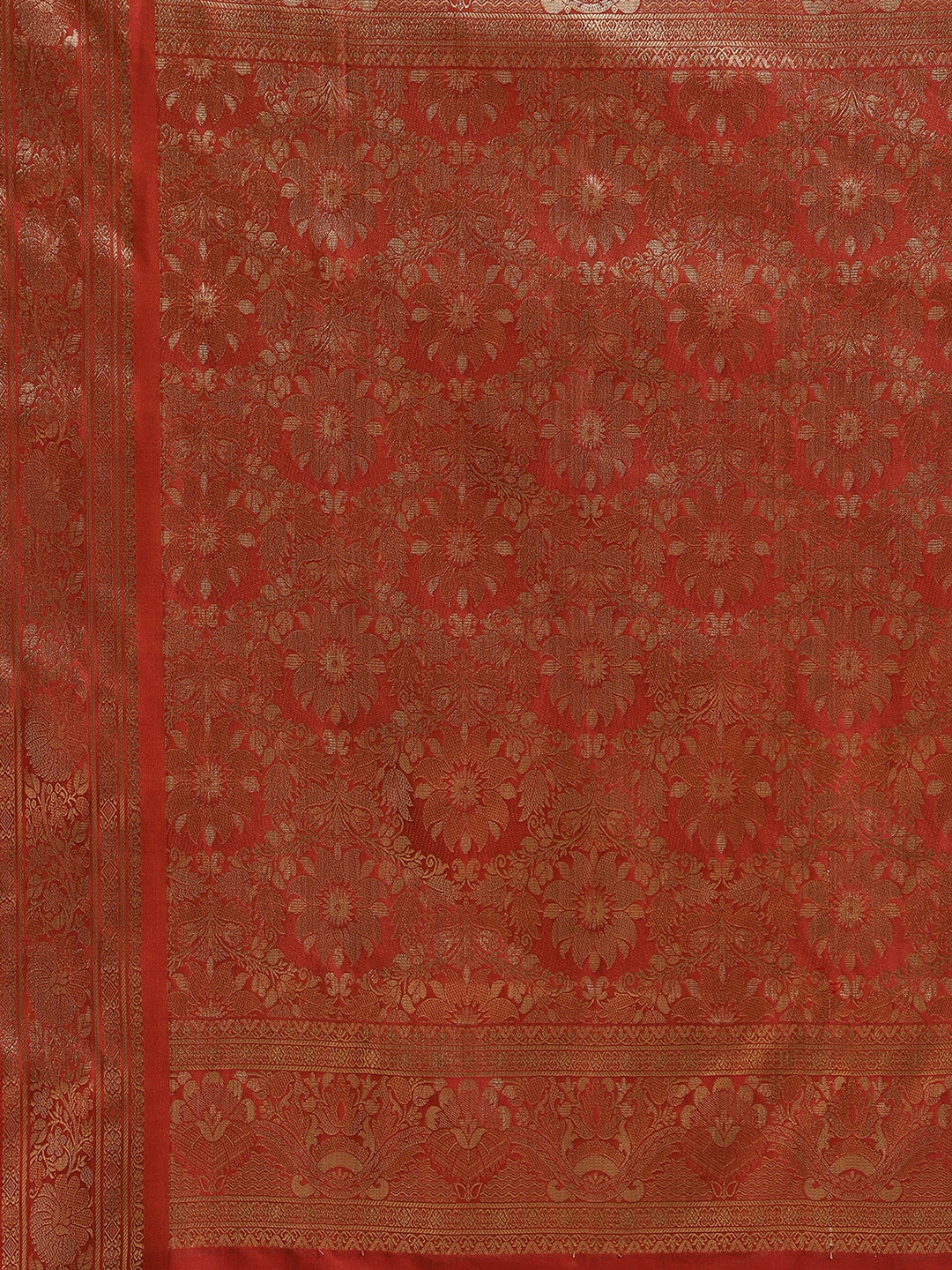 Faishana Handwoven Olive Green Valkalam Katan Silk Booti Zari Border With Rust Blouse Banarasi Saree