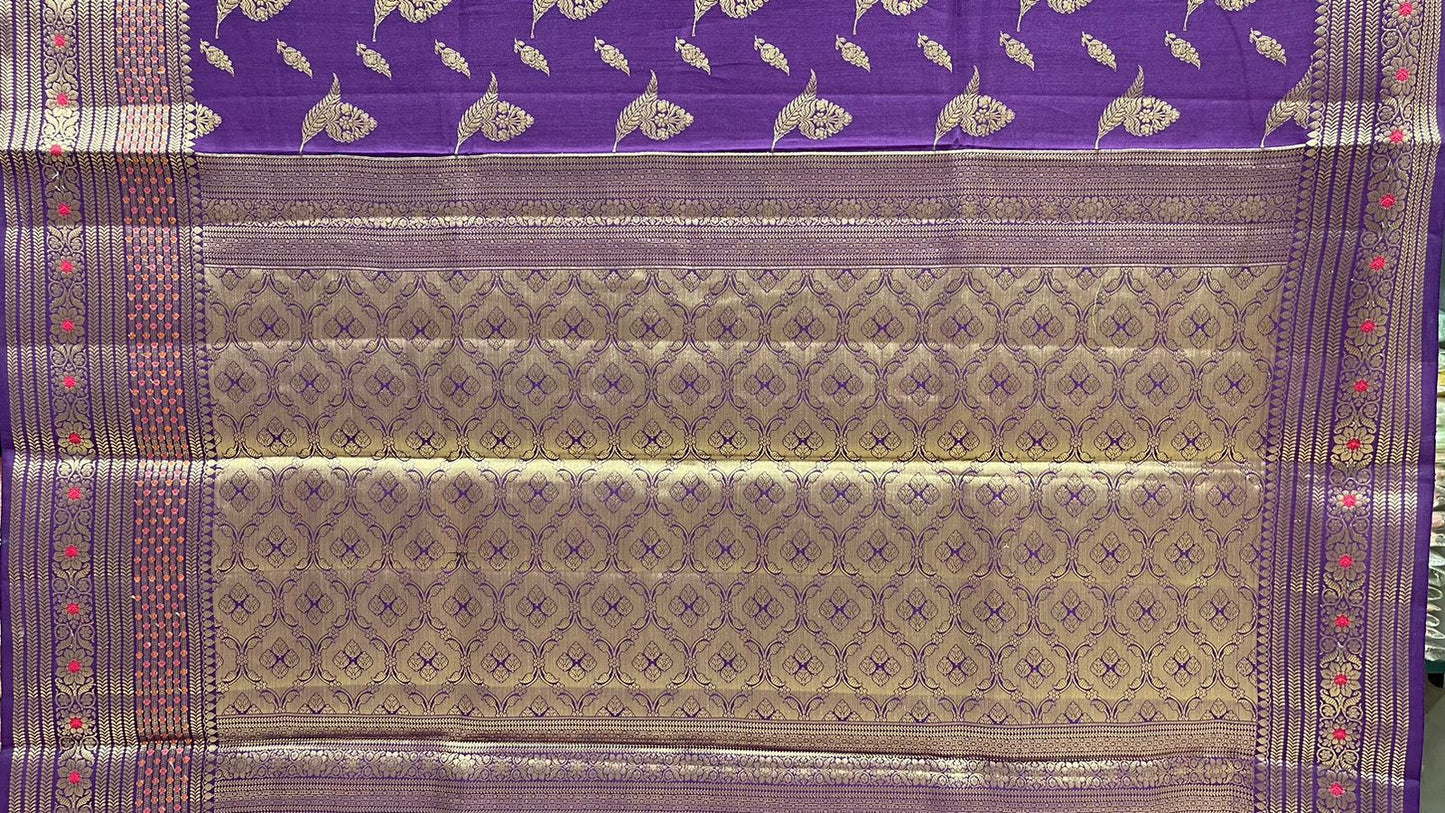 Regal Charm: Faishana's Exquisite Pure Silk Handloom Purple Chiniya Silk Gold Floral Zari Booti with Minakari Border & Purple Blouse