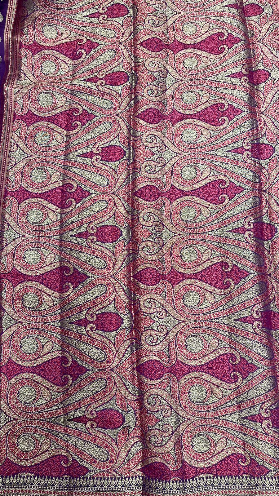 Regal Radiance: Faishana Pure Silk Handloom Purple Chiniya Silk Gold Zari Booti and Tilfi Anchal with Tilfi Zari Border Purple Blouse Piece