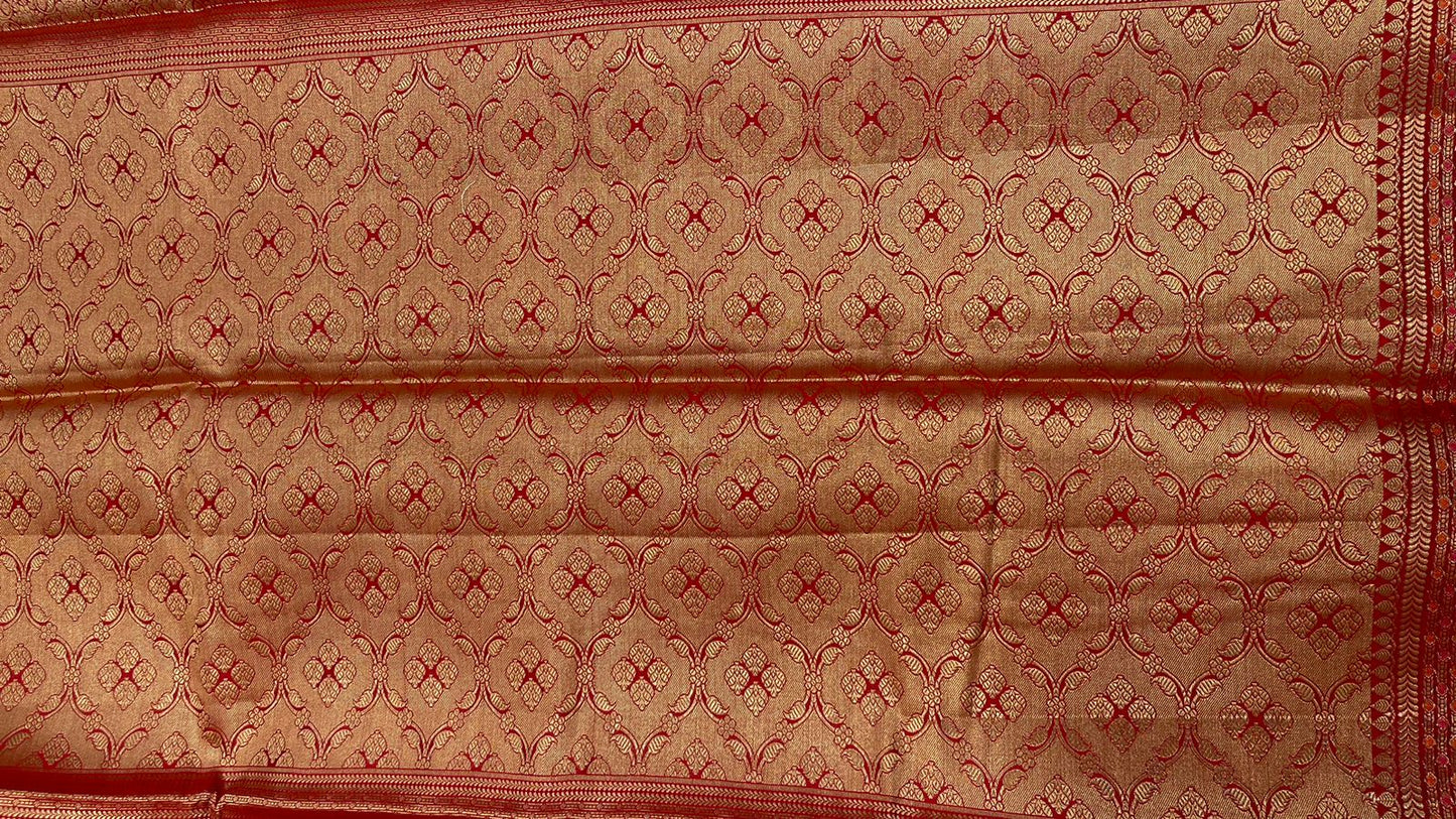 Ravishing Elegance: Faishana's Pure Silk Handloom Red Pure Chiniya Silk Tilfi Zari Jaal Zig-Zag with Minakari Zari Border & Red Blouse Piece