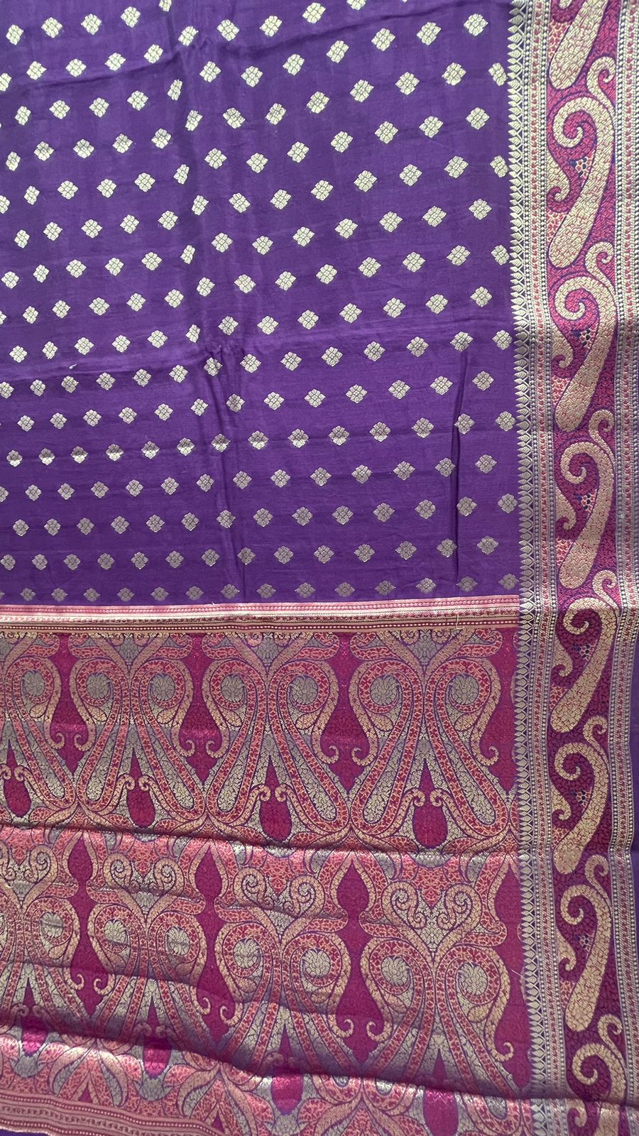 Regal Radiance: Faishana Pure Silk Handloom Purple Chiniya Silk Gold Zari Booti and Tilfi Anchal with Tilfi Zari Border Purple Blouse Piece