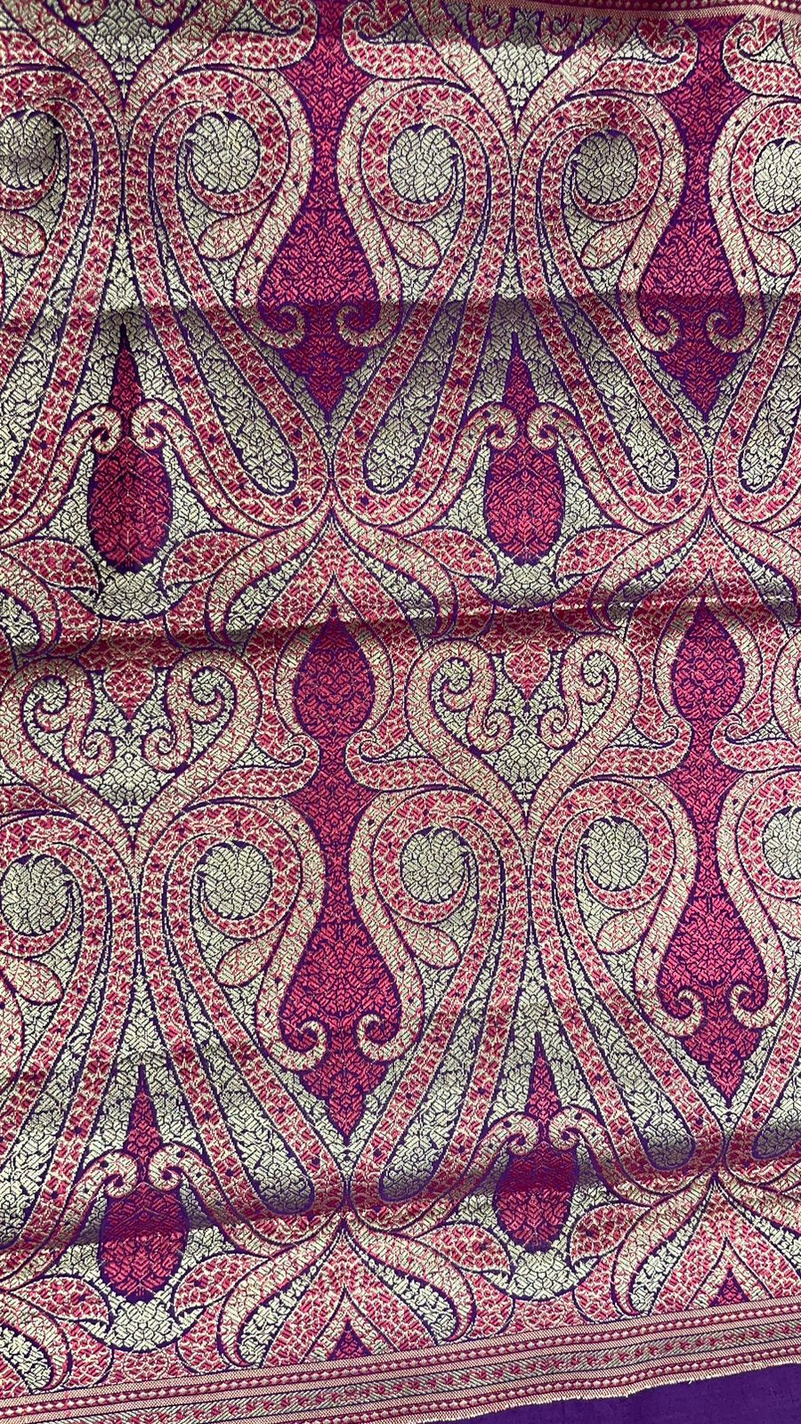 Regal Radiance: Faishana Pure Silk Handloom Purple Chiniya Silk Gold Zari Booti and Tilfi Anchal with Tilfi Zari Border Purple Blouse Piece
