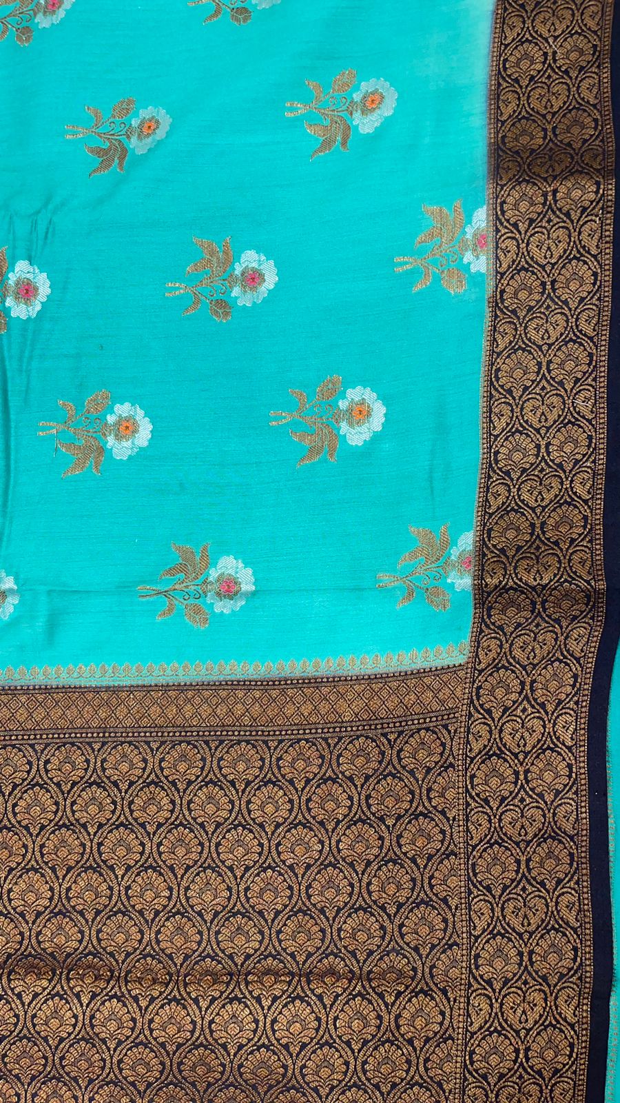 Faishana Pure Silk Handloom Sea Green Muga Silk Zari Mina Floral Booti Contrast Navy Blue Anchal Copper Zari Border Banarasi Saree with Navy Blouse