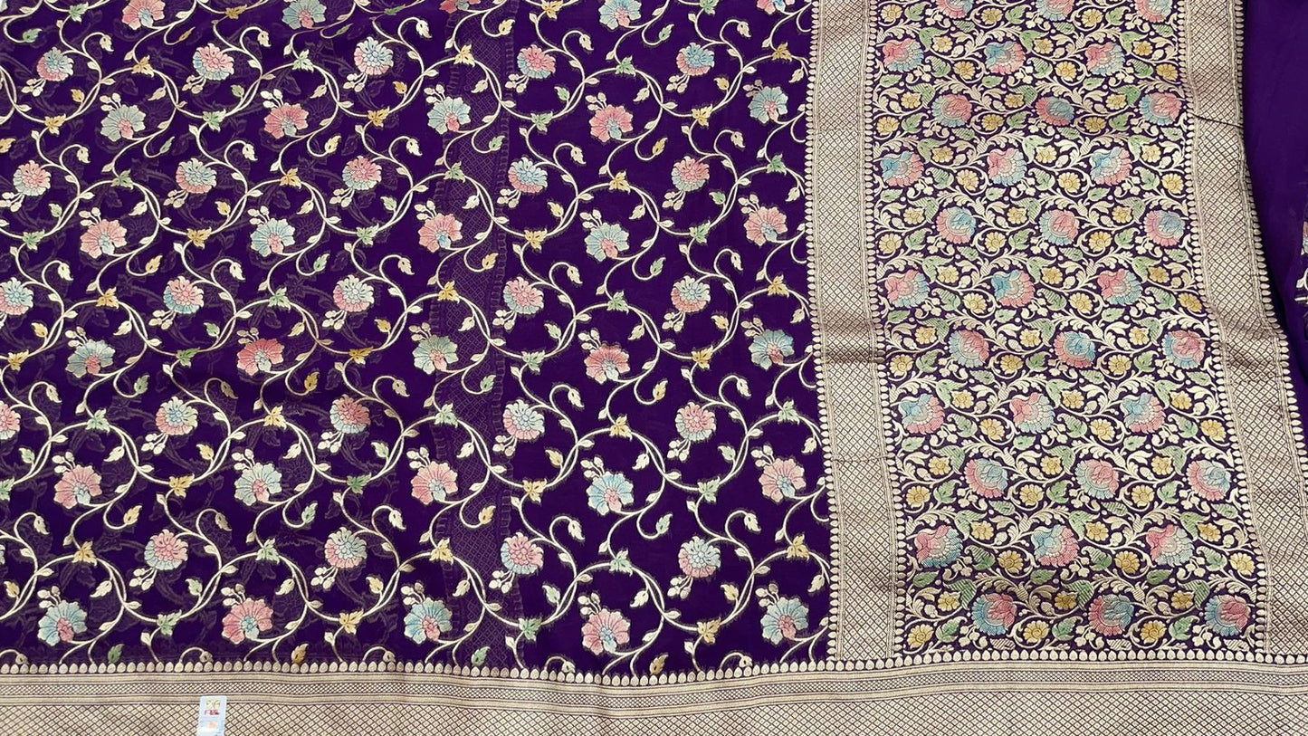 Faishana Pure Silk Handloom Exquisite Purple Khaddi Georgette Hand Brush Floral Zari Kadhwa Jaal with Banarasi Zari Border with Purple Blouse