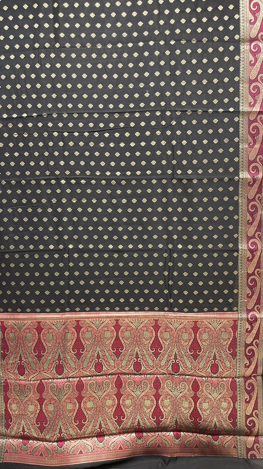 Classic Elegance: Faishana's Pure Silk Handloom Black Chiniya Silk with Gold Zari Booti and Tilfi Anchal Zari Border with Black Blouse Piece