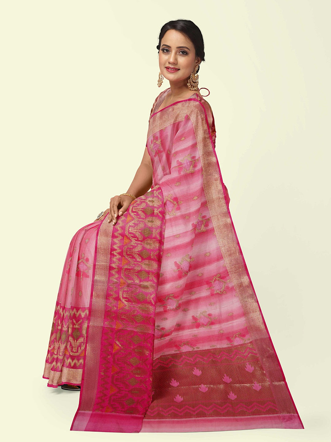 Faishana Presents Woven Pink Matka Silk Booti Skirt Border With Pink Blouse Banarasi Saree