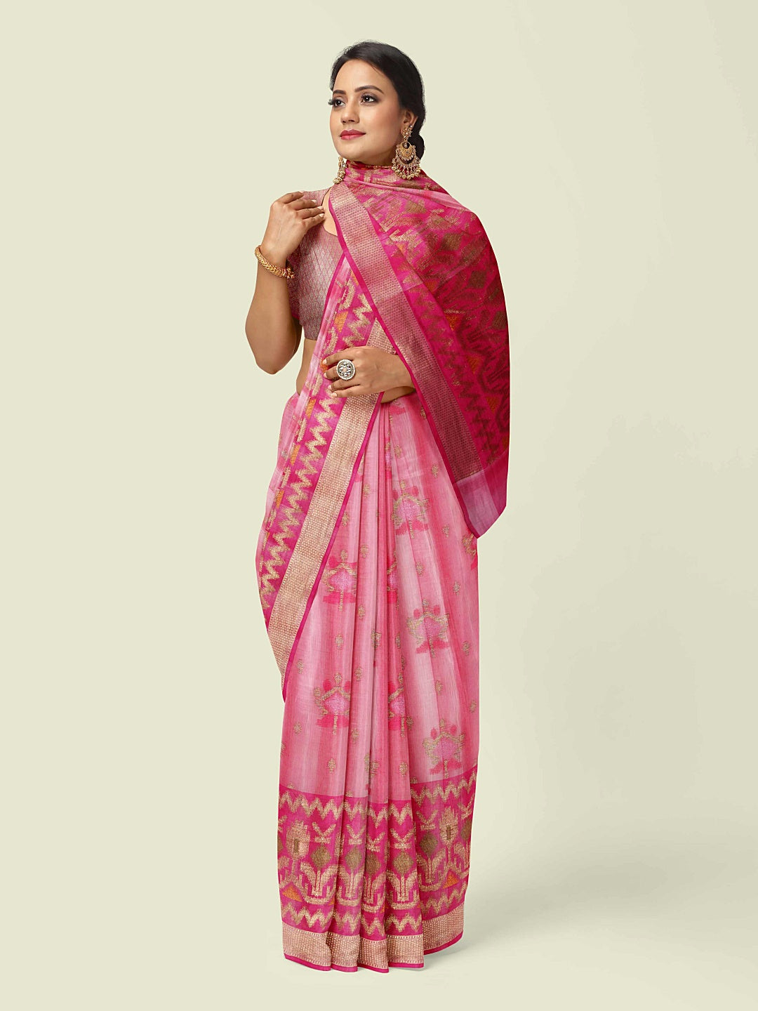 Faishana Presents Woven Pink Matka Silk Booti Skirt Border With Pink Blouse Banarasi Saree