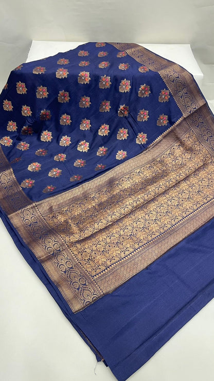 Royal Elegance: Faishana Pure Silk Handloom Navy Blue Munga Silk Minakari Zari Boota Banarasi Saree Small Zari Border with Blue Blouse