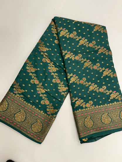 Faishana Presents Pure Silk Handloom Dark Green Muga Silk with Copper Zari Paisley Border and Dark Green Blouse